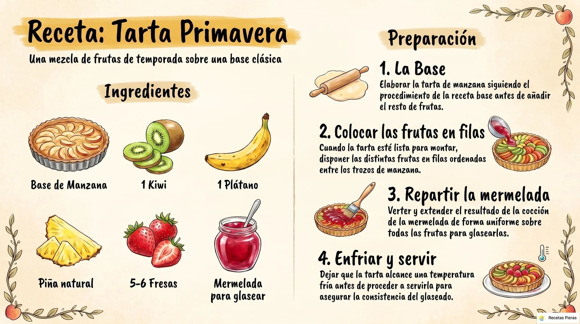 Infografía con los ingredientes y la preparación de Tarta primavera