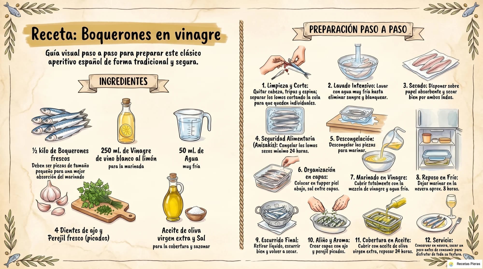 Infografía con los ingredientes y la preparación de Boquerones en vinagre