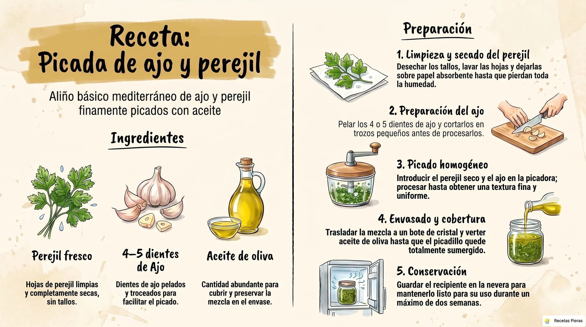 Infografía con los ingredientes y la preparación de Picada de ajo y perejil