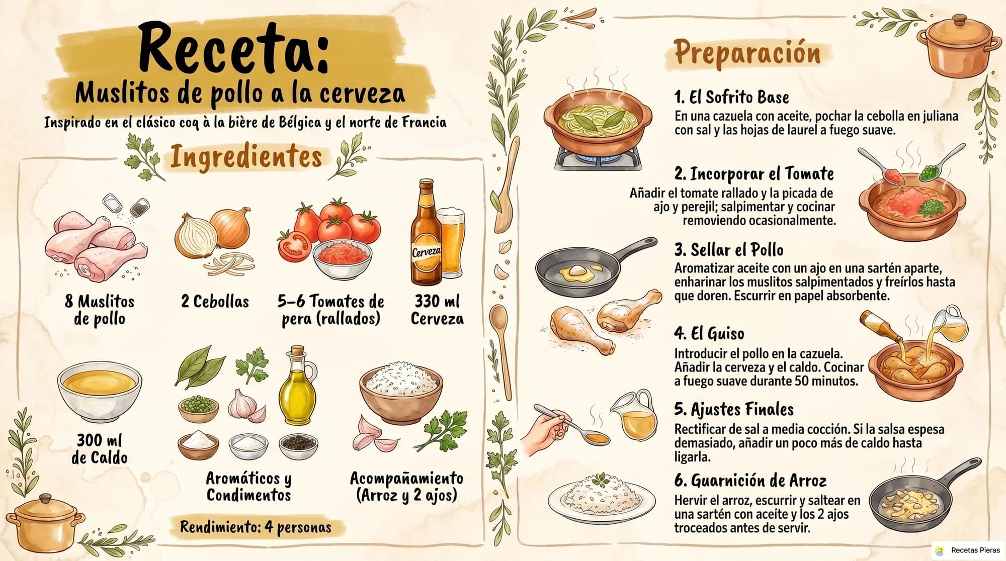 Infografía con los ingredientes y la preparación de Muslitos de pollo a la cerveza