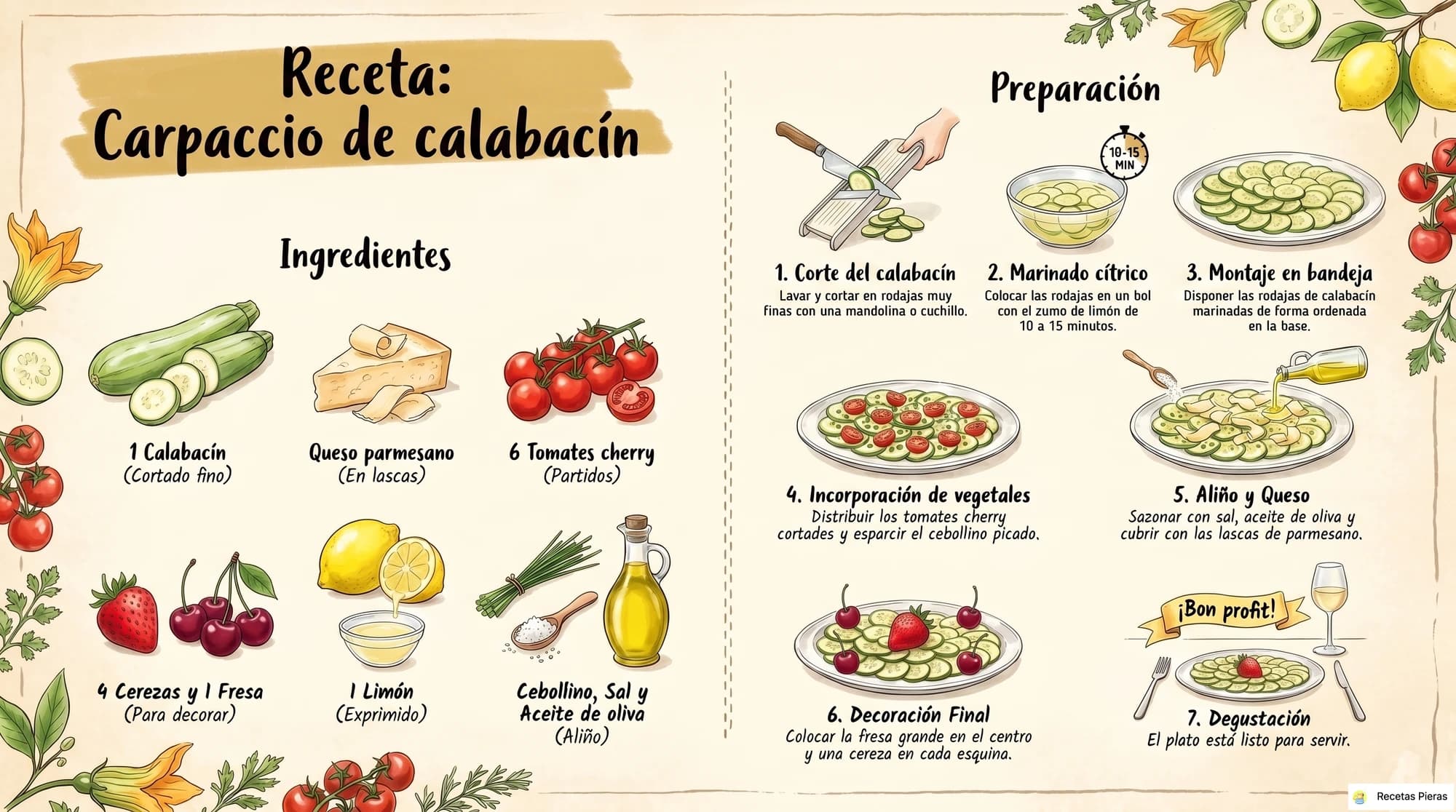 Infografía con los ingredientes y la preparación de Carpaccio de calabacín
