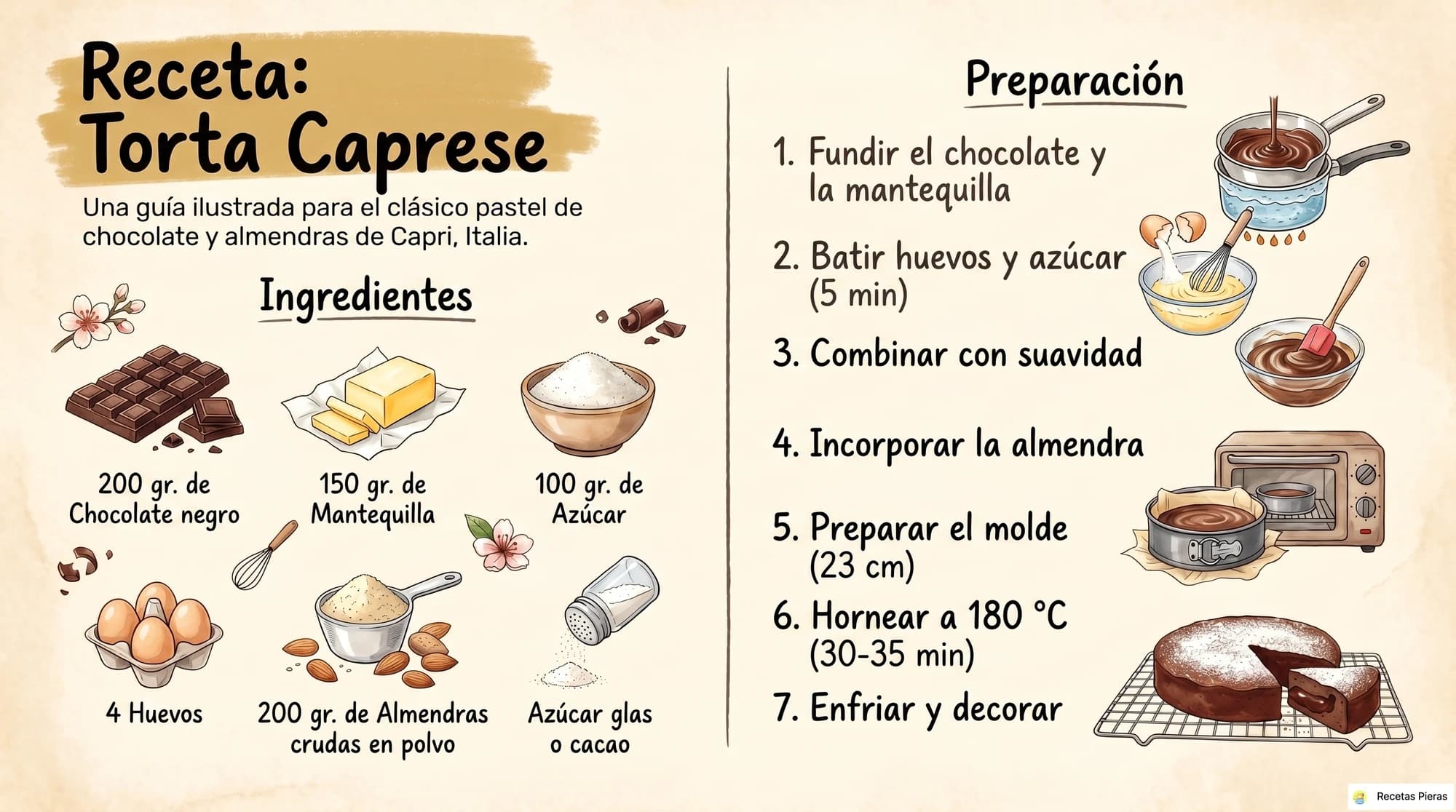 Infografía con los ingredientes y la preparación de Torta caprese