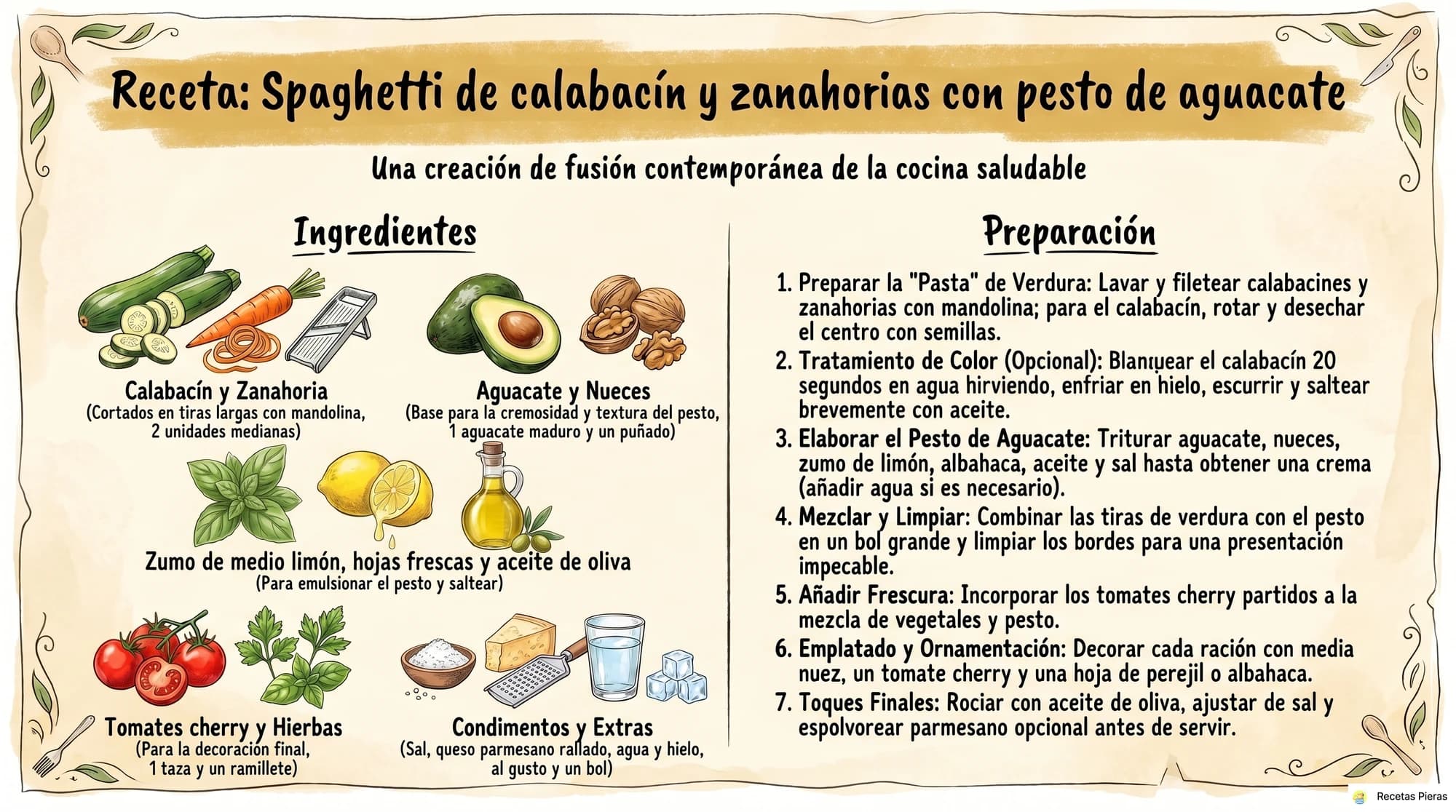 Infografía con los ingredientes y la preparación de Spaghetti de calabacín y zanahorias con pesto de aguacate