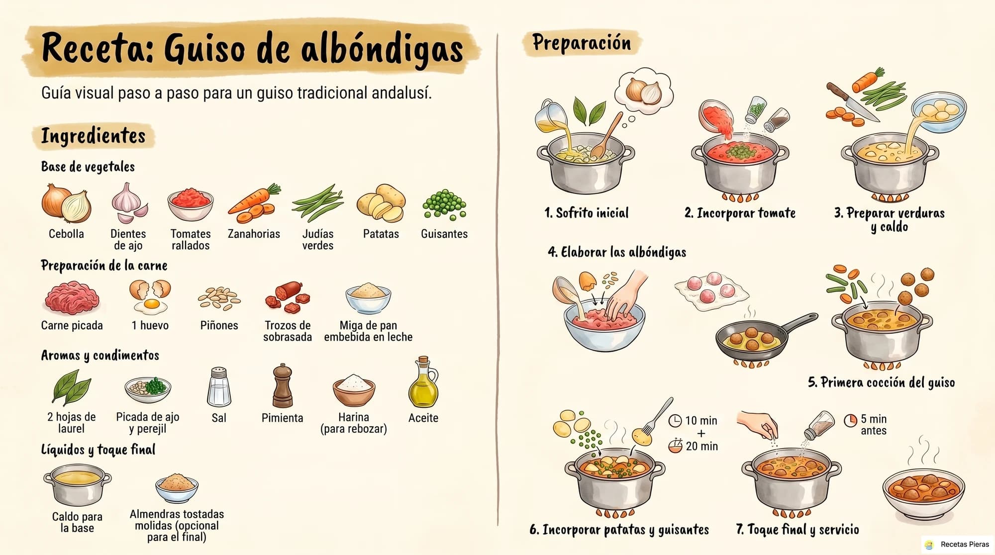 Infografía con los ingredientes y la preparación de Guiso de albóndigas