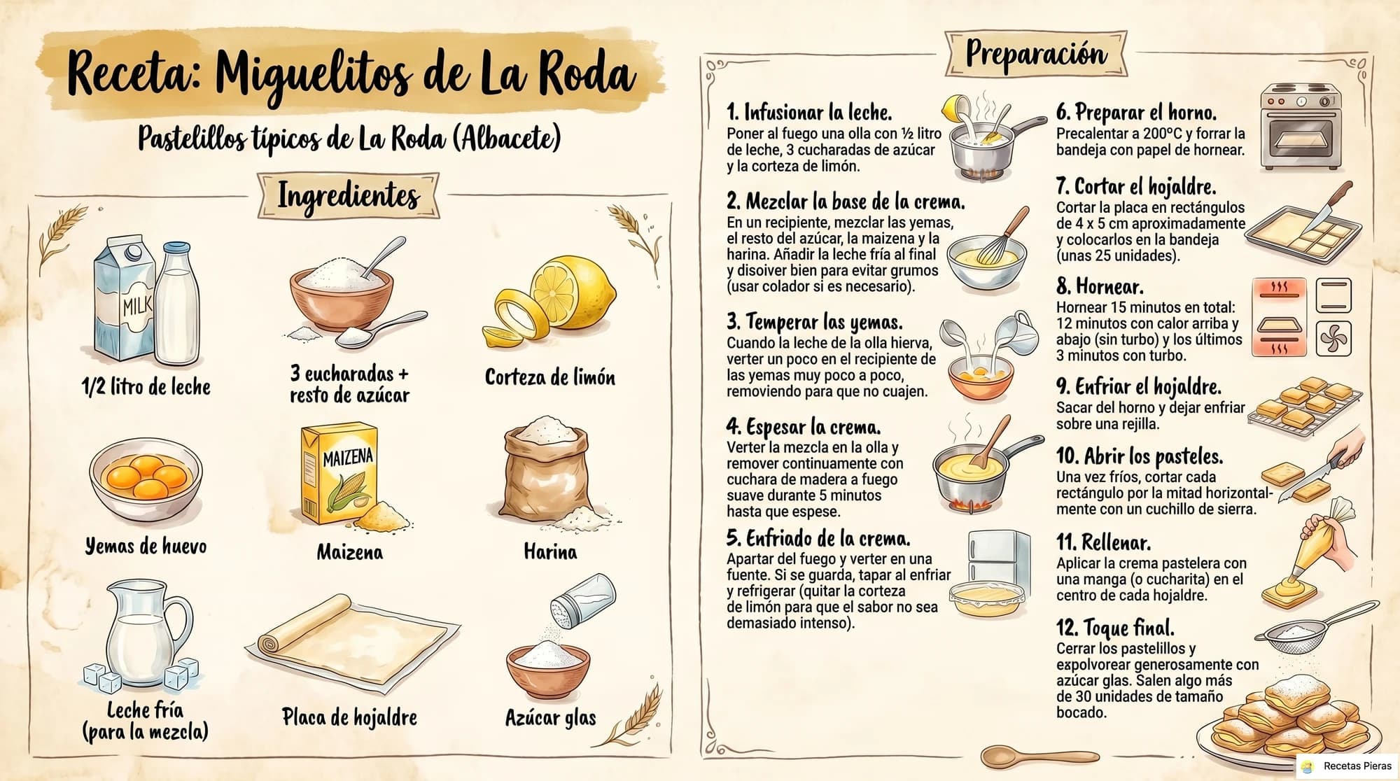 Infografía con los ingredientes y la preparación de Miguelitos