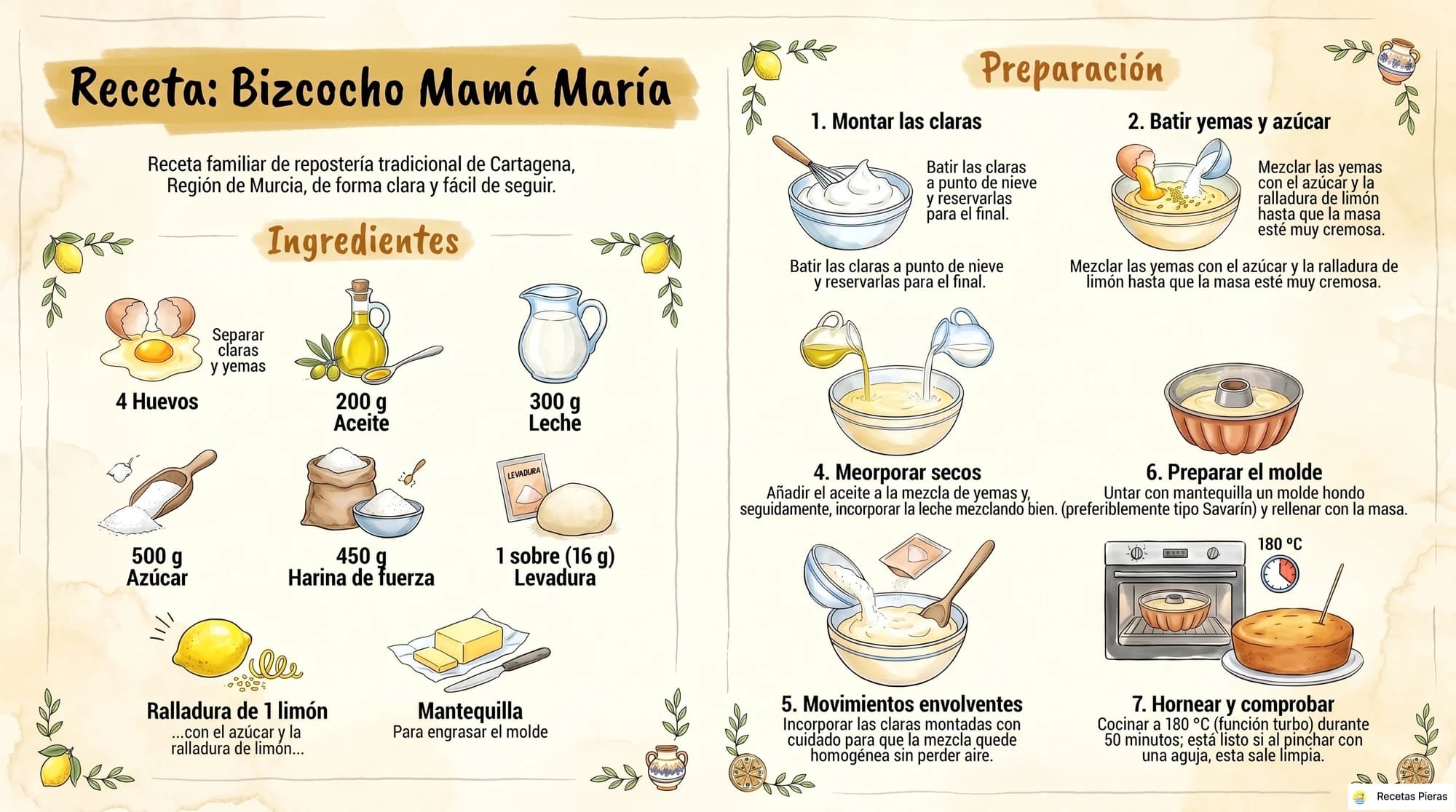 Infografía con los ingredientes y la preparación de Bizcocho mamá maría