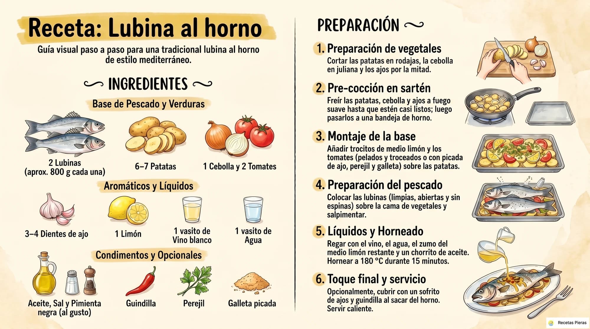 Infografía con los ingredientes y la preparación de Lubina al horno
