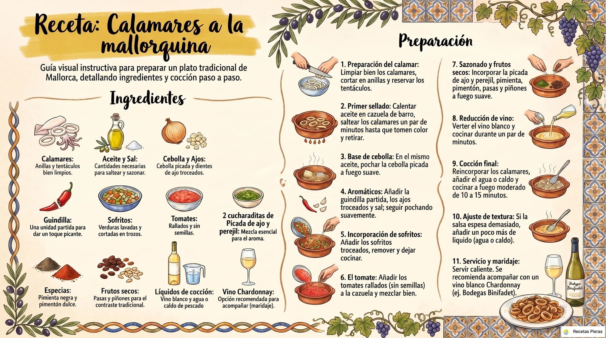 Infografía con los ingredientes y la preparación de Calamares a la mallorquina