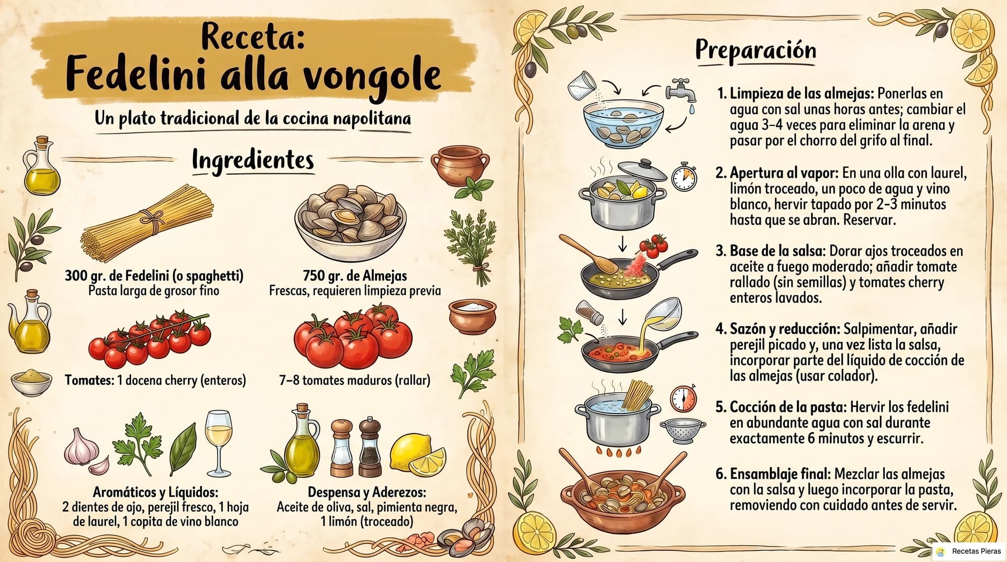 Infografía con los ingredientes y la preparación de Fedelini alla vongole