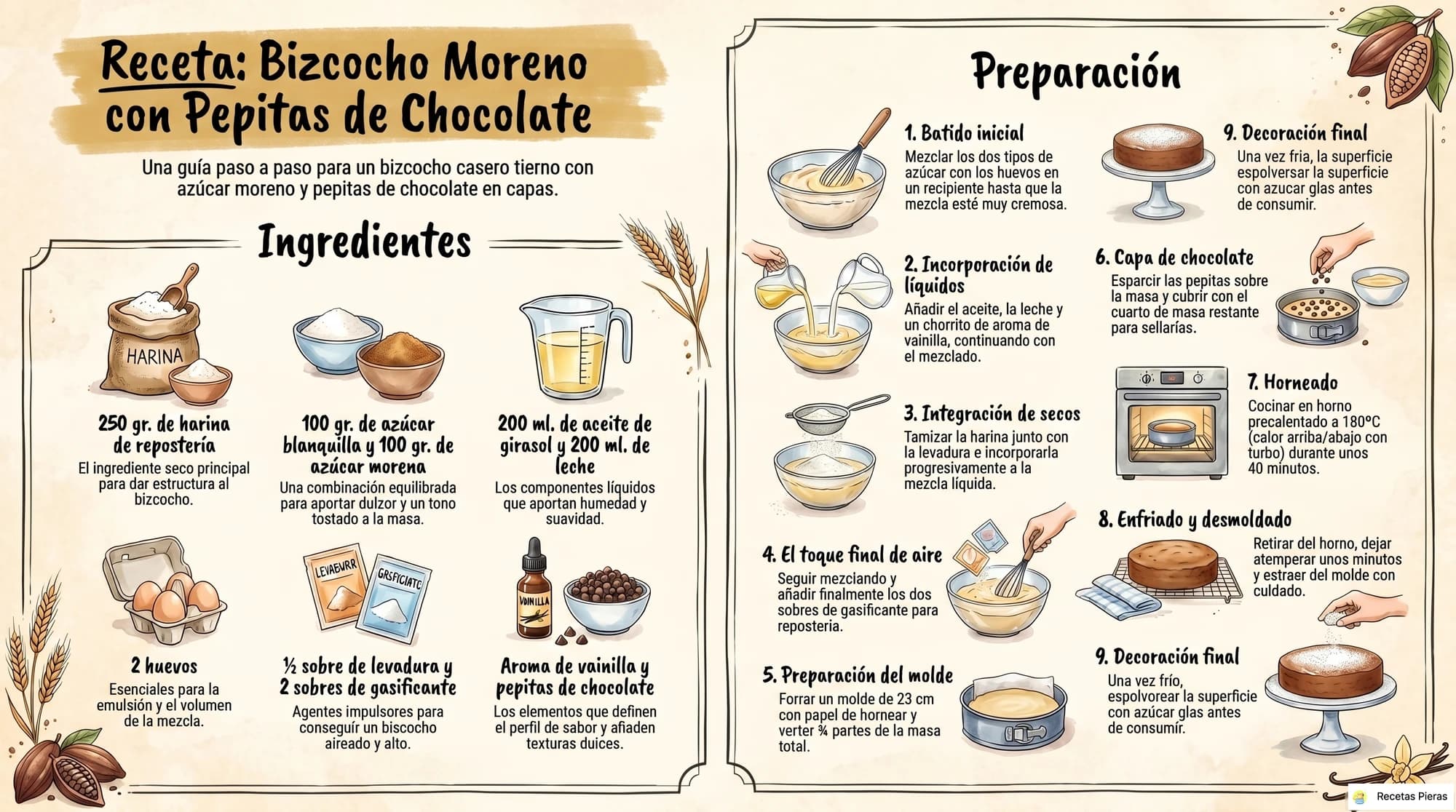 Infografía con los ingredientes y la preparación de Bizcocho moreno