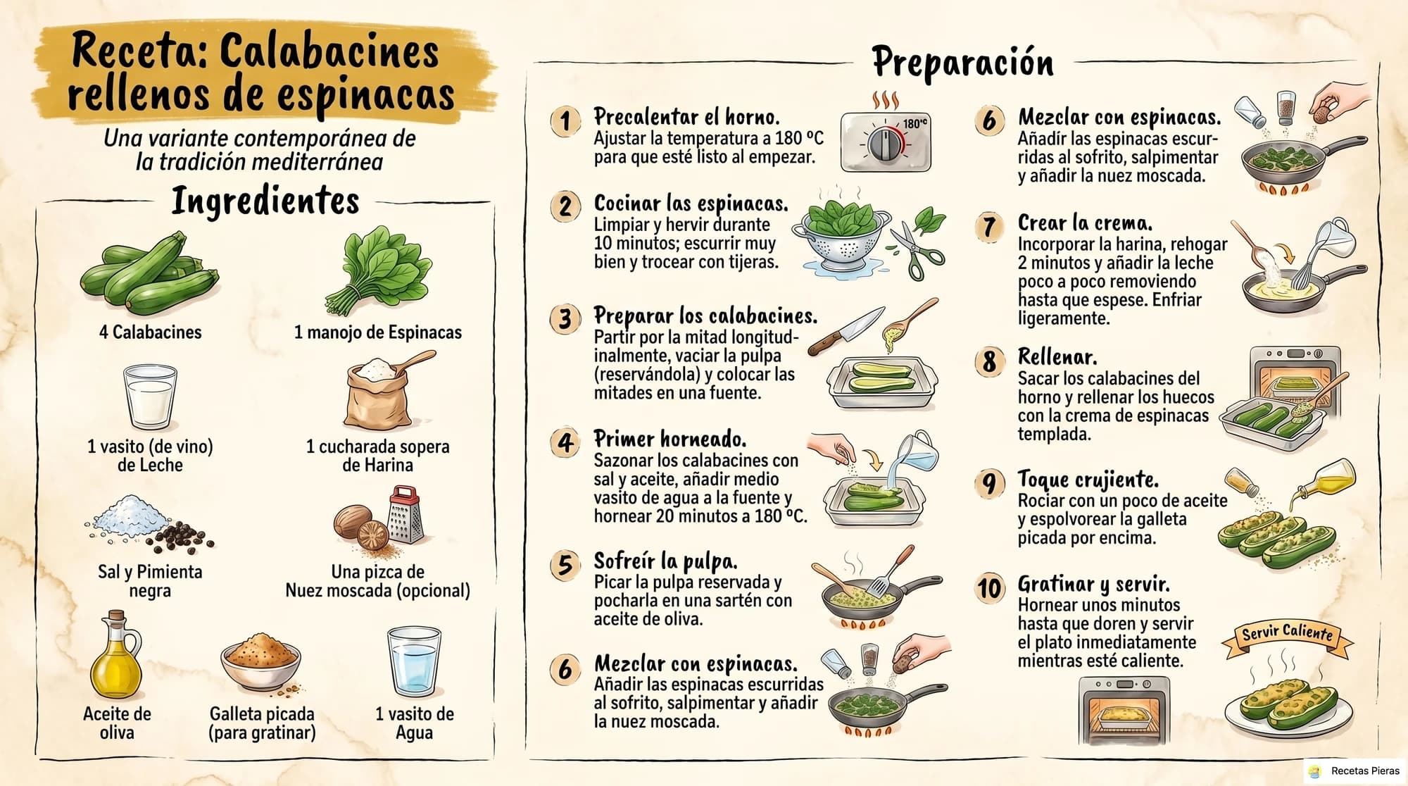Infografía con los ingredientes y la preparación de Calabacines rellenos de espinacas