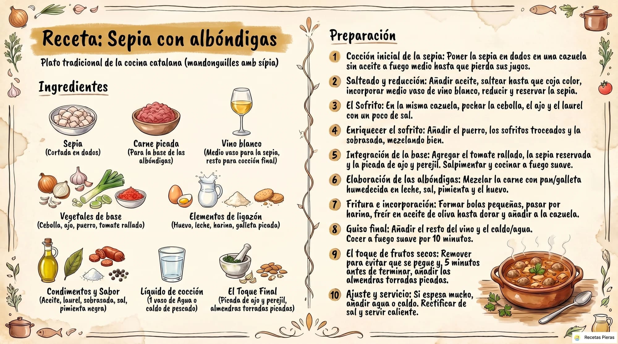 Infografía con los ingredientes y la preparación de Sepia con albóndigas