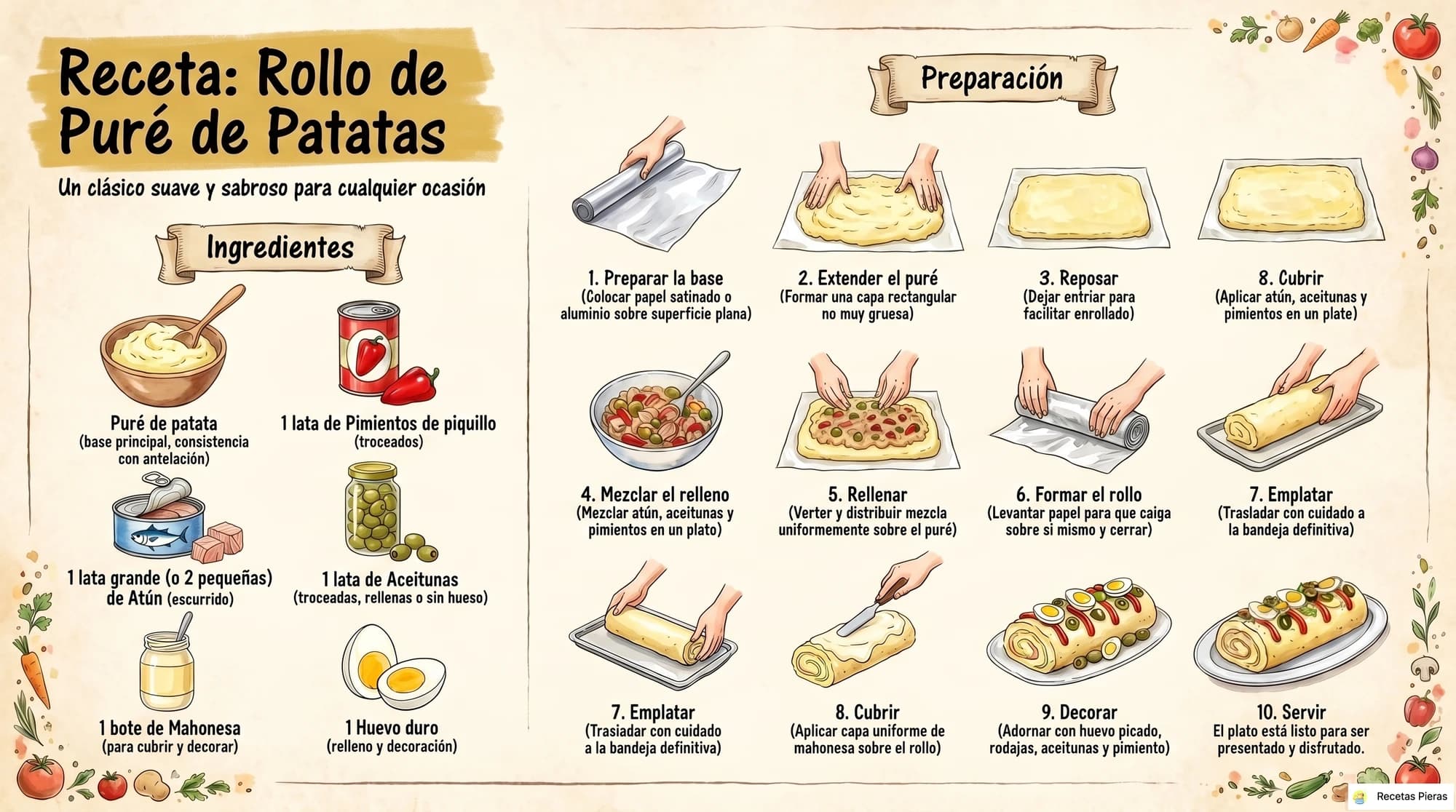 Infografía con los ingredientes y la preparación de Rollo de puré de patatas