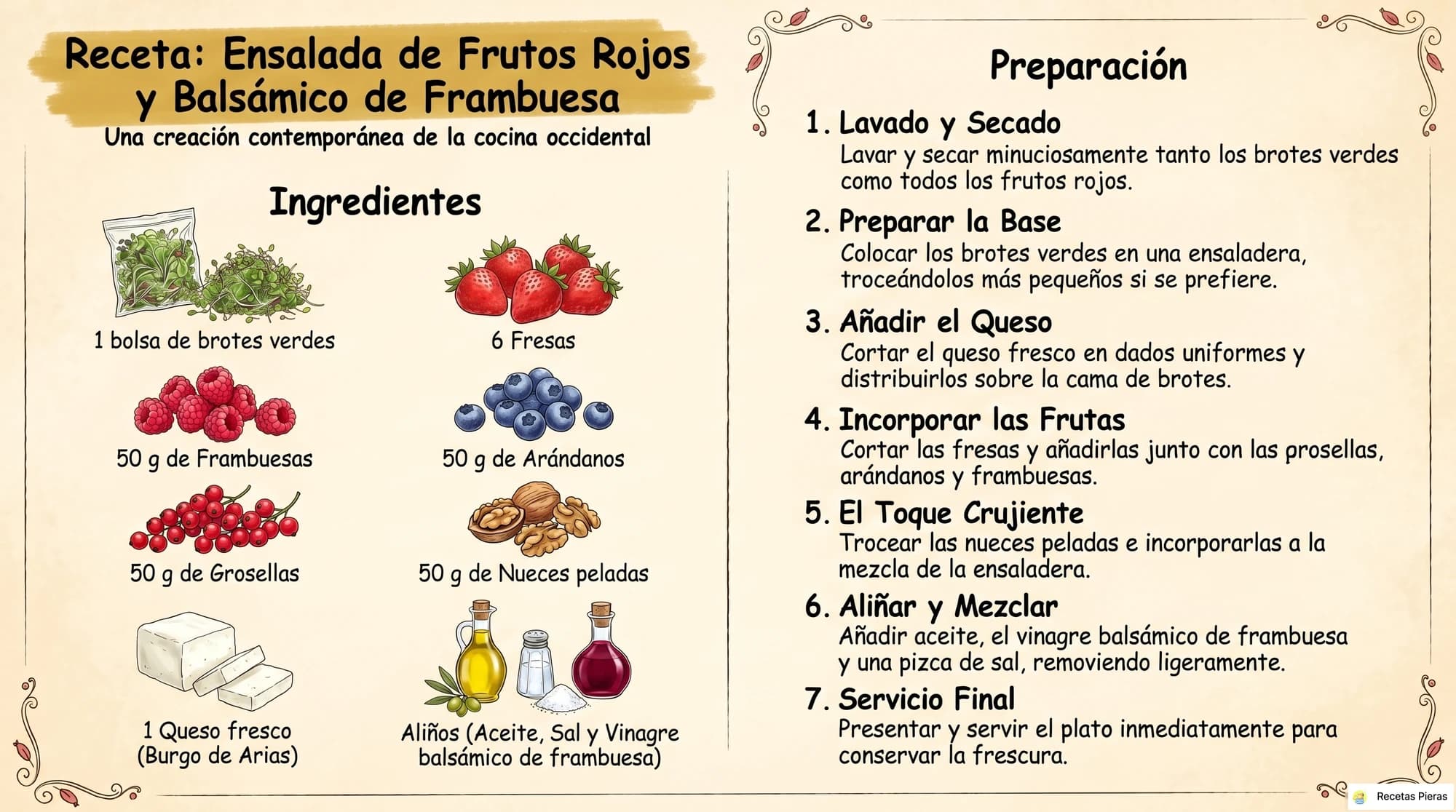 Infografía con los ingredientes y la preparación de Ensalada de frutos rojos y balsámico de frambuesa