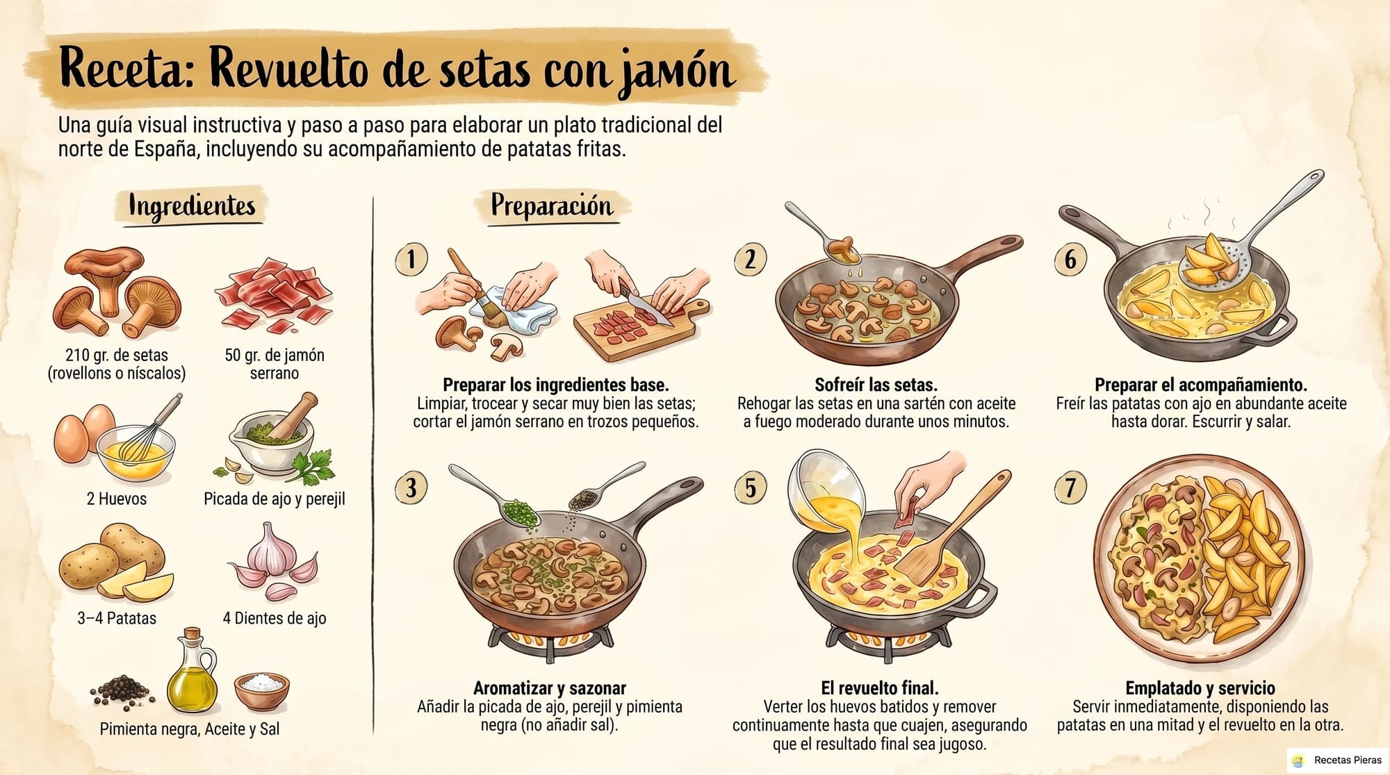 Infografía con los ingredientes y la preparación de Revuelto de setas con jamón