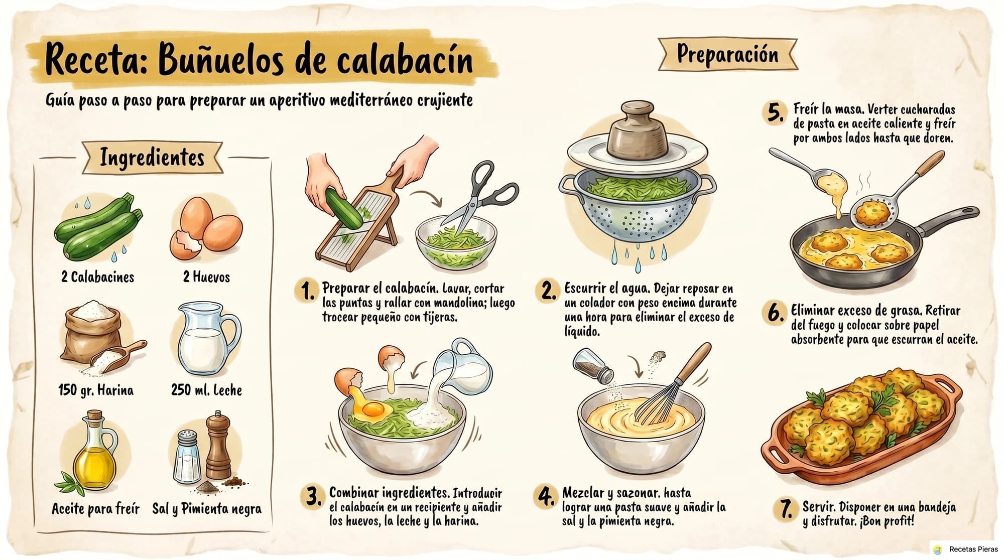Infografía con los ingredientes y la preparación de Buñuelos de calabacín