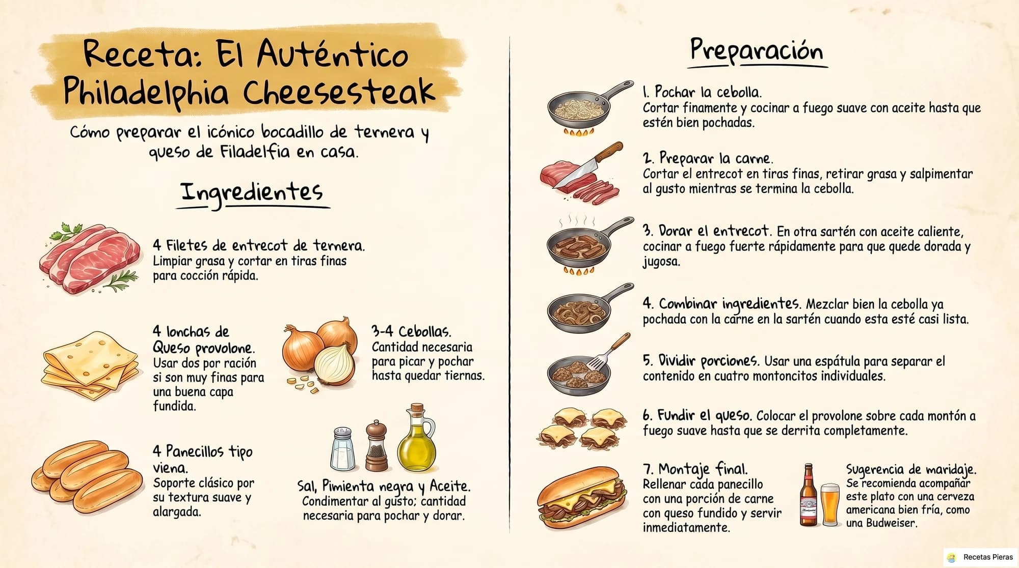 Infografía con los ingredientes y la preparación de Philadelphia cheesesteak