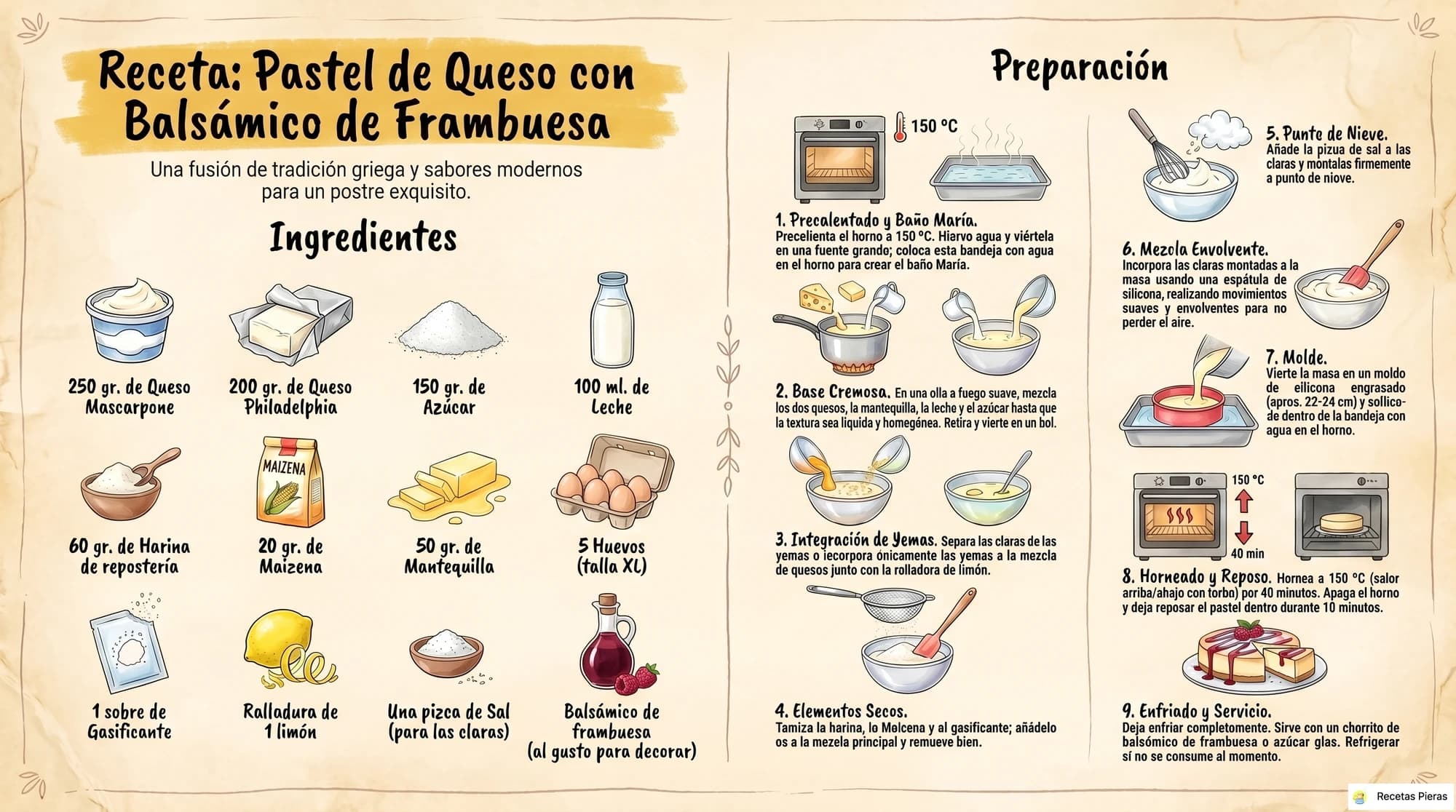 Infografía con los ingredientes y la preparación de Pastel de queso con balsámico de frambuesa