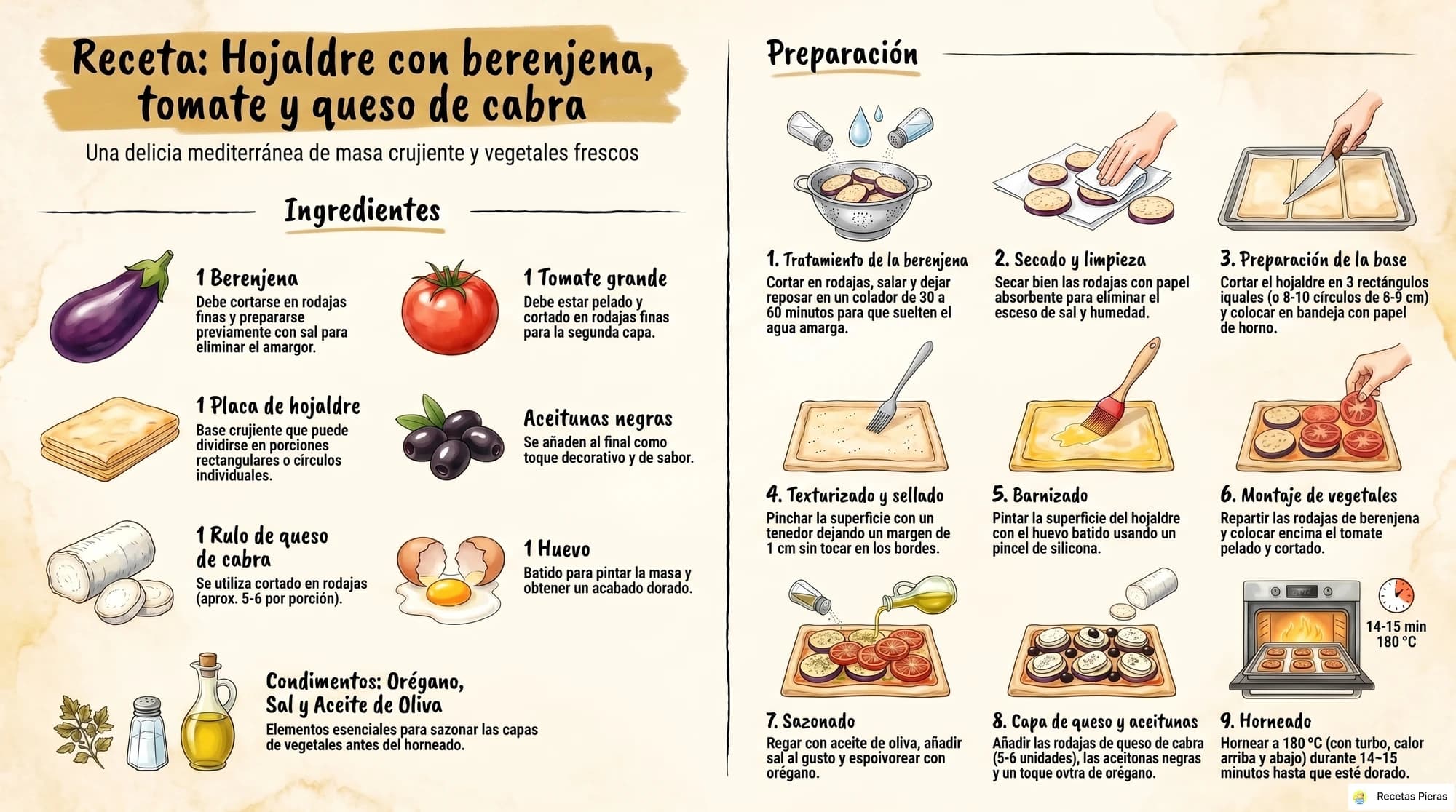 Infografía con los ingredientes y la preparación de Hojaldre con berenjena, tomate y queso de cabra