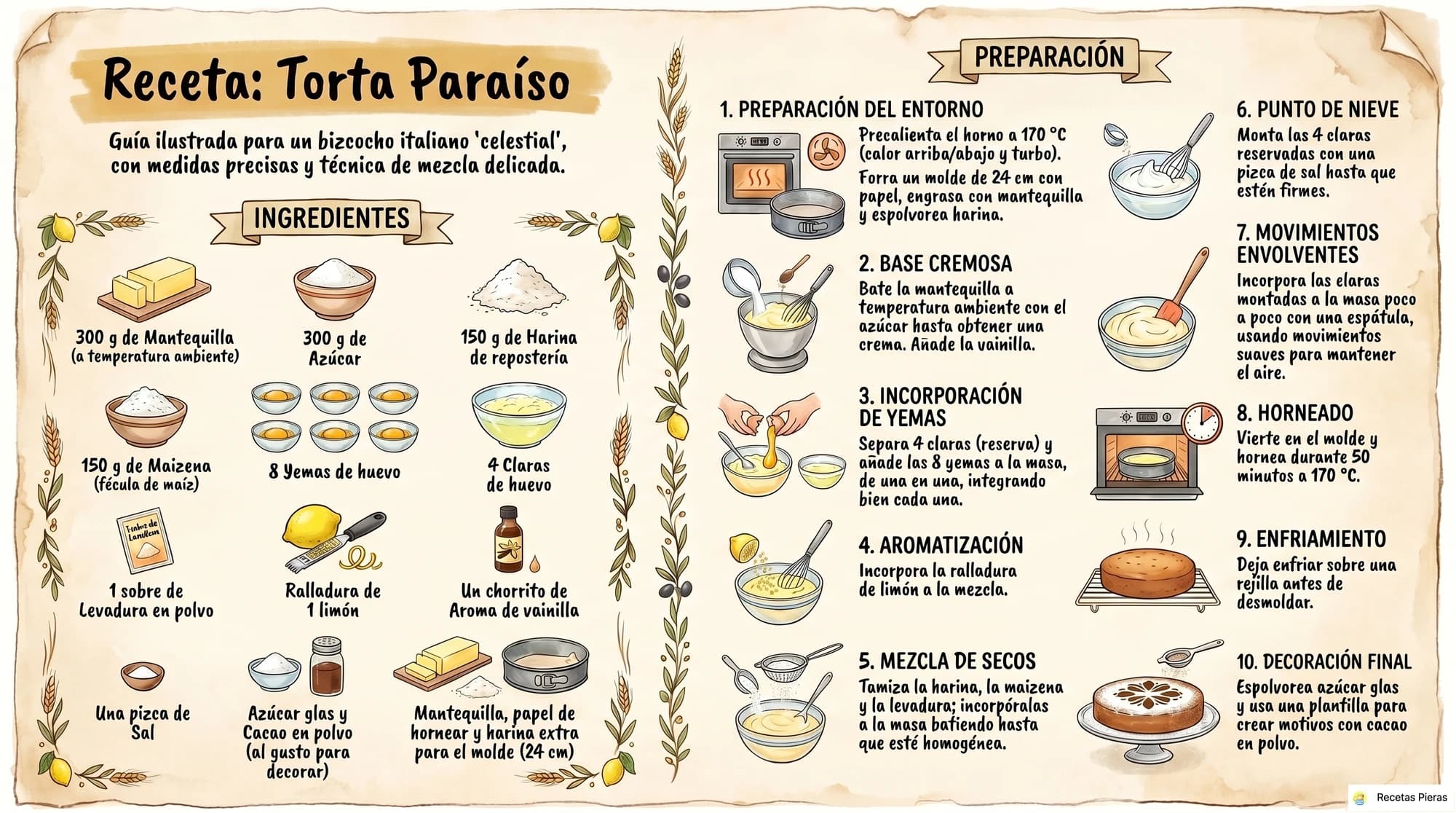 Infografía con los ingredientes y la preparación de Torta paraiso