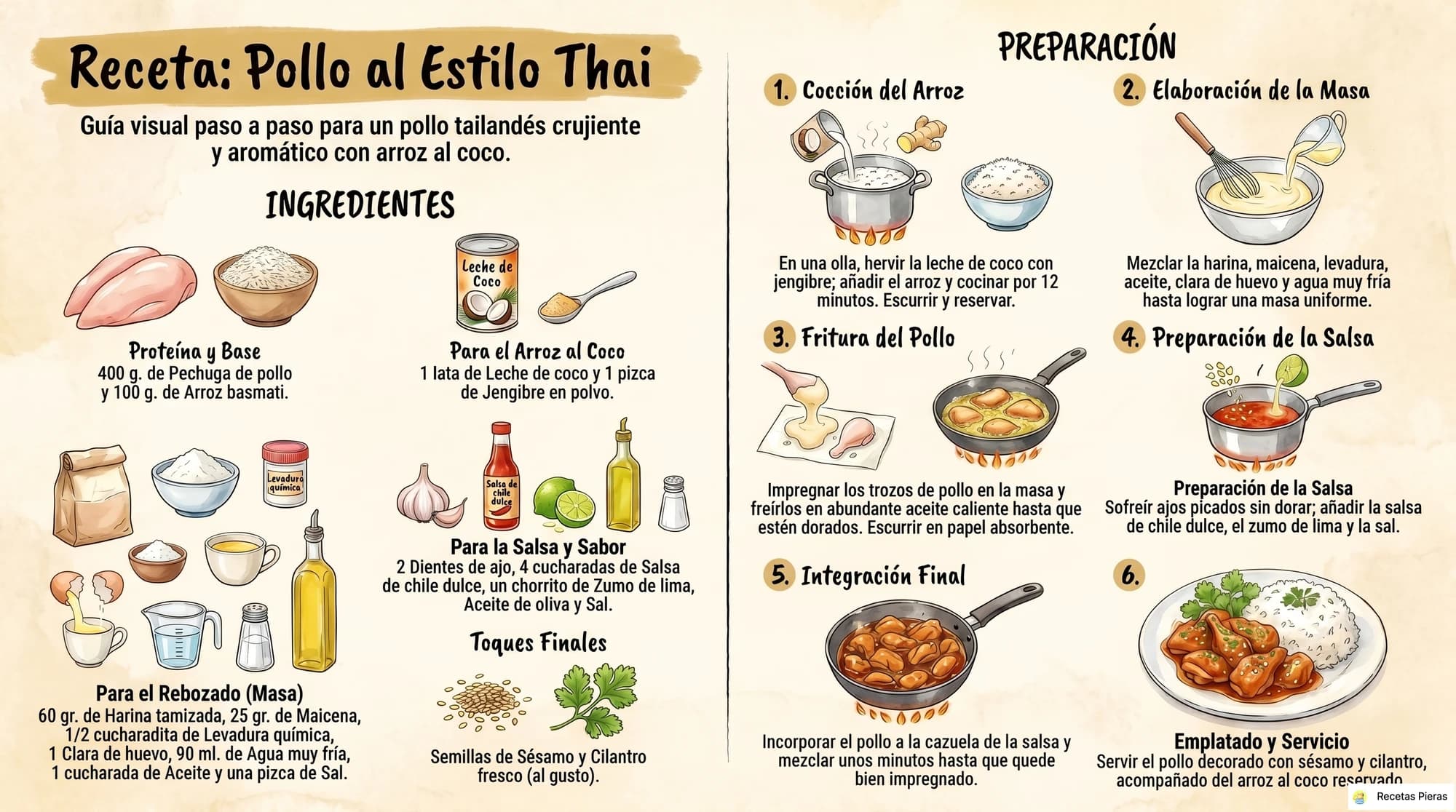 Infografía con los ingredientes y la preparación de Pollo al estilo thai