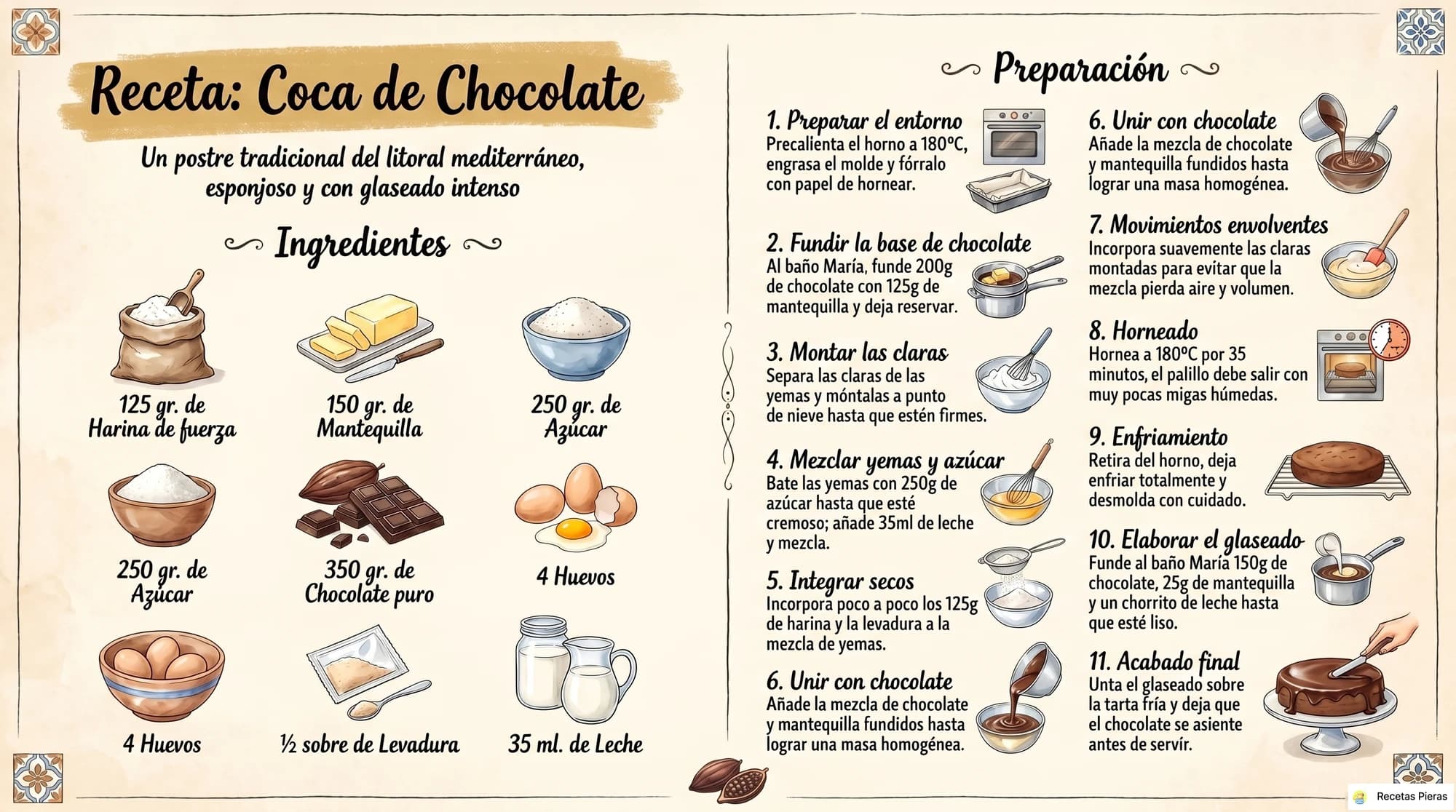 Infografía con los ingredientes y la preparación de Coca de chocolate