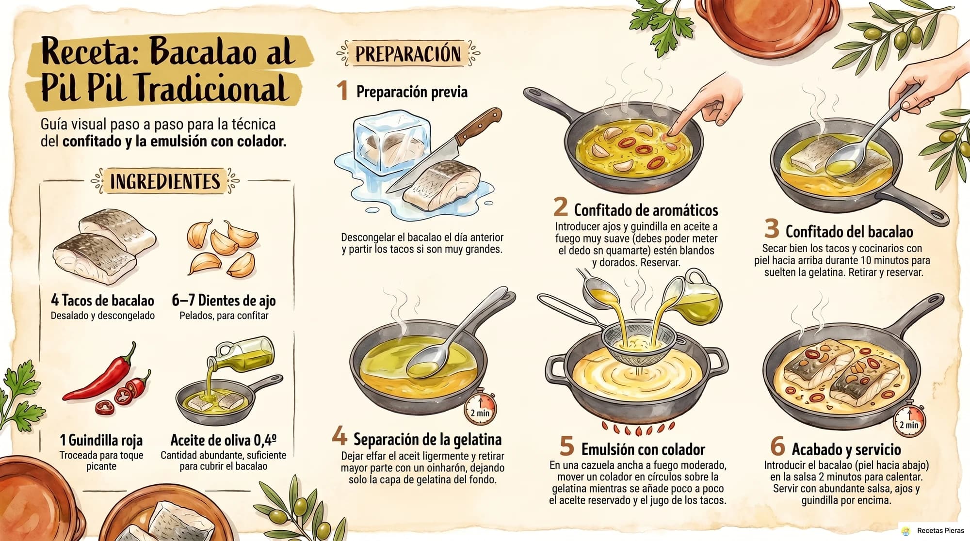 Infografía con los ingredientes y la preparación de Bacalao al pil pil