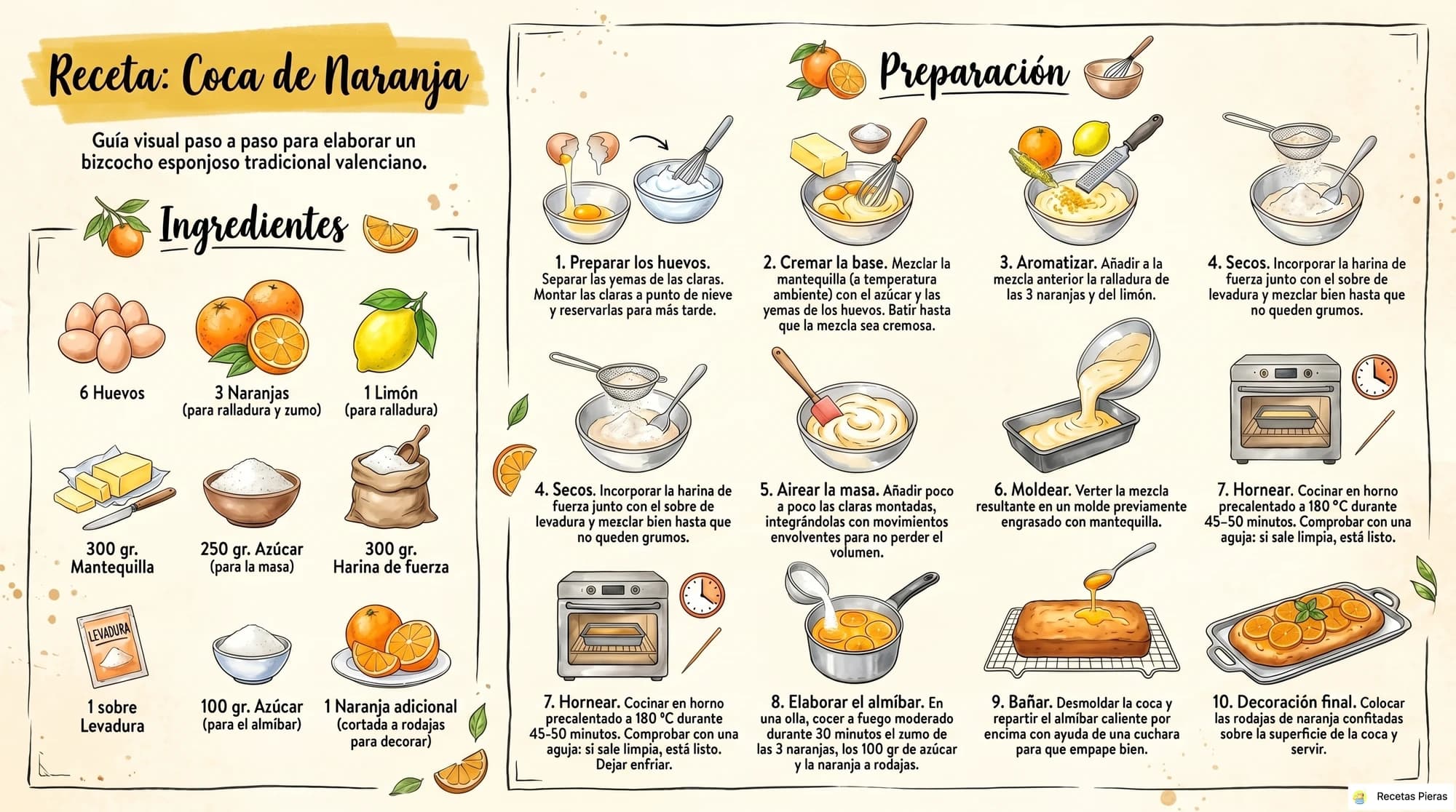 Infografía con los ingredientes y la preparación de Coca de naranja