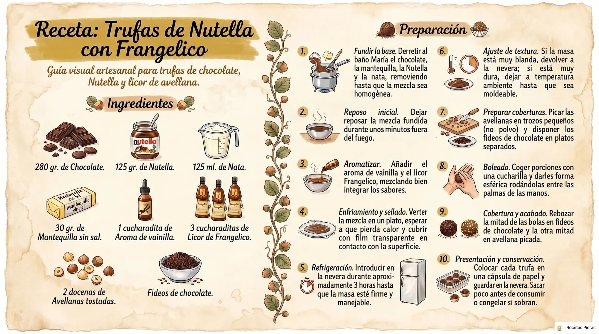 Infografía con los ingredientes y la preparación de Trufas de nutella con frangelico