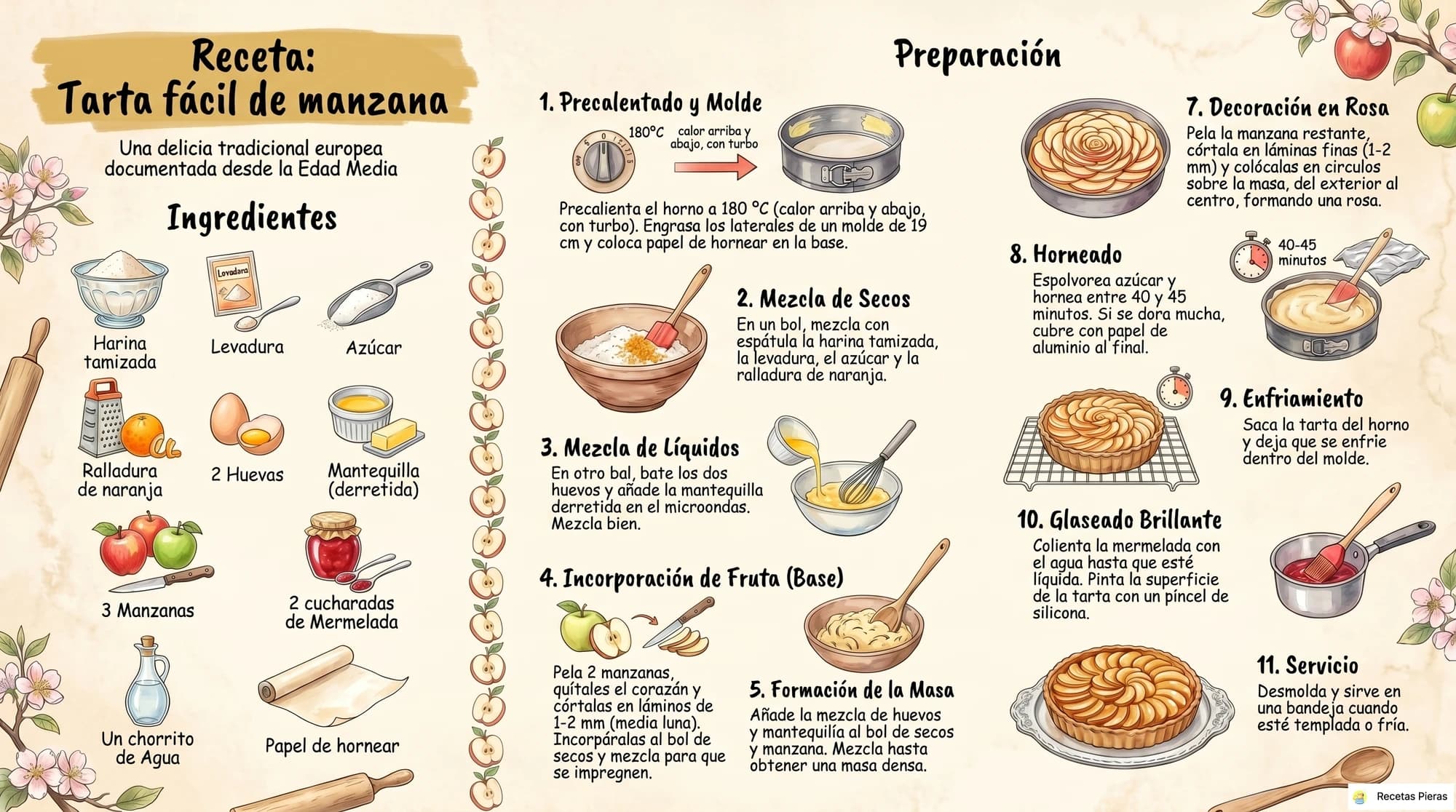 Infografía con los ingredientes y la preparación de Tarta fácil de manzana