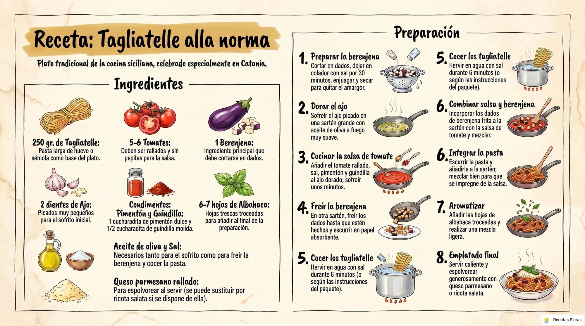 Infografía con los ingredientes y la preparación de Tagliatelle alla norma
