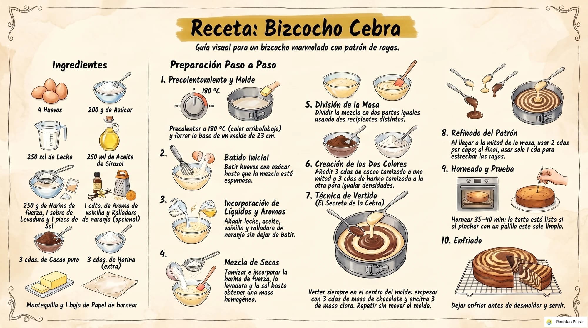 Infografía con los ingredientes y la preparación de Bizcocho cebra