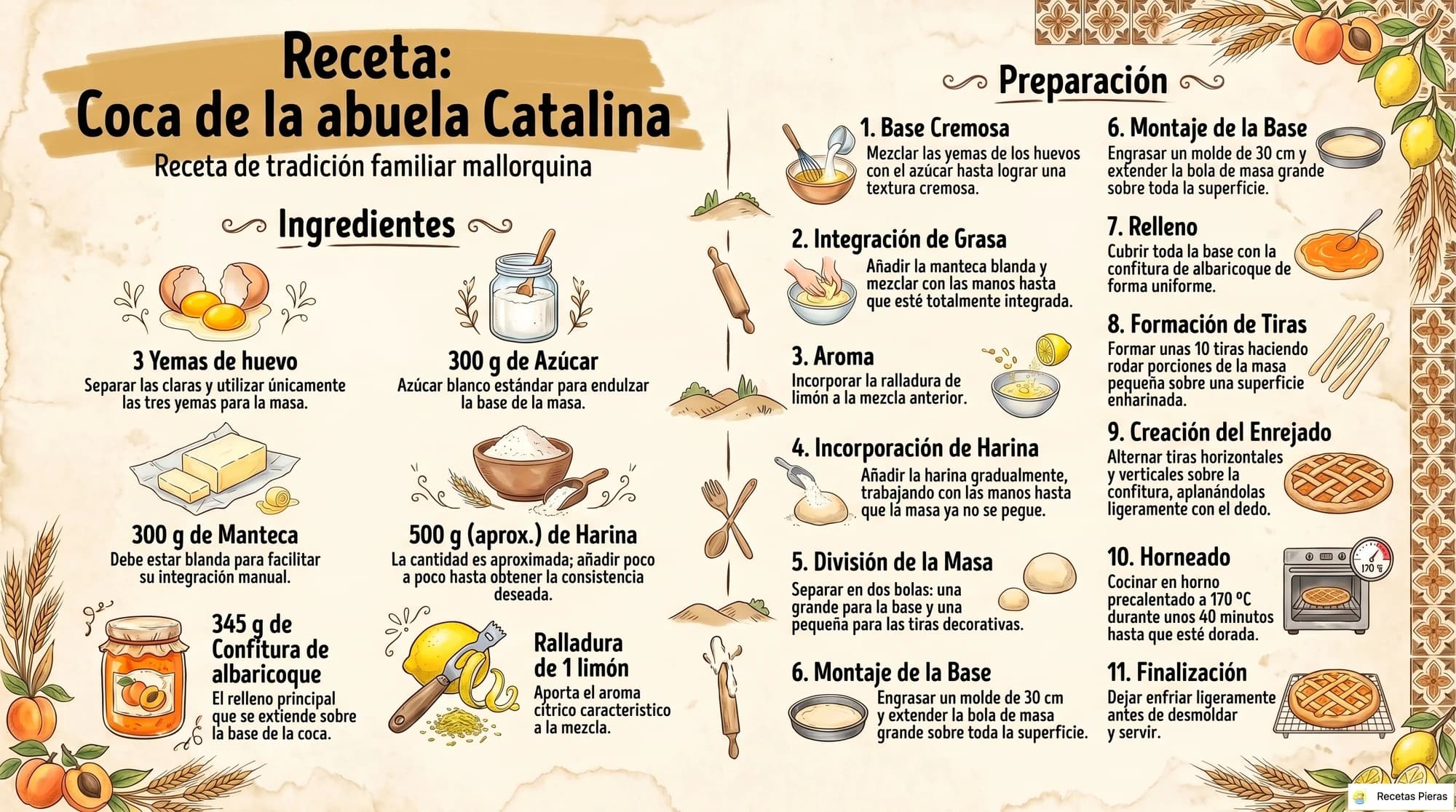 Infografía con los ingredientes y la preparación de Coca de la abuela catalina