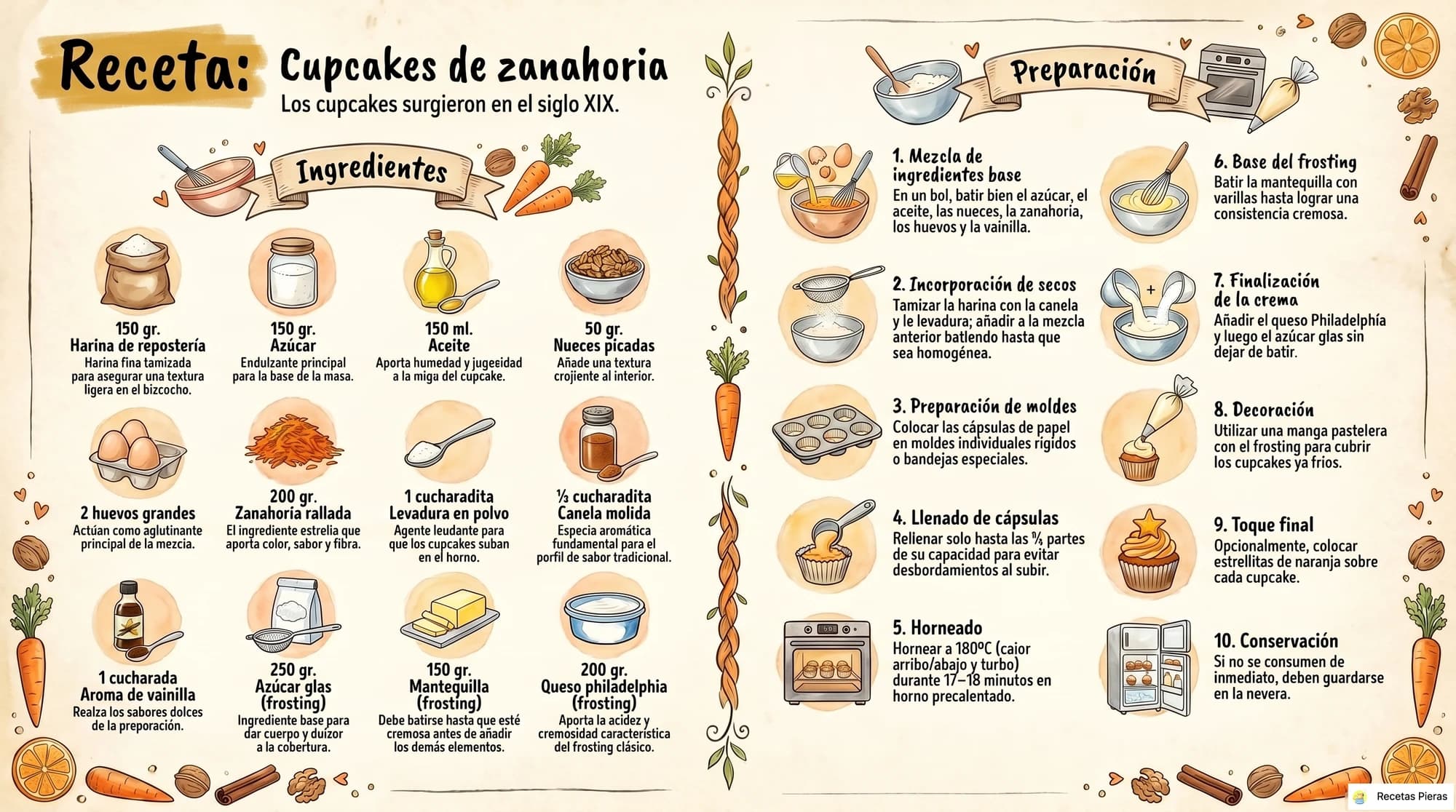 Infografía con los ingredientes y la preparación de Cupcakes de zanahoria