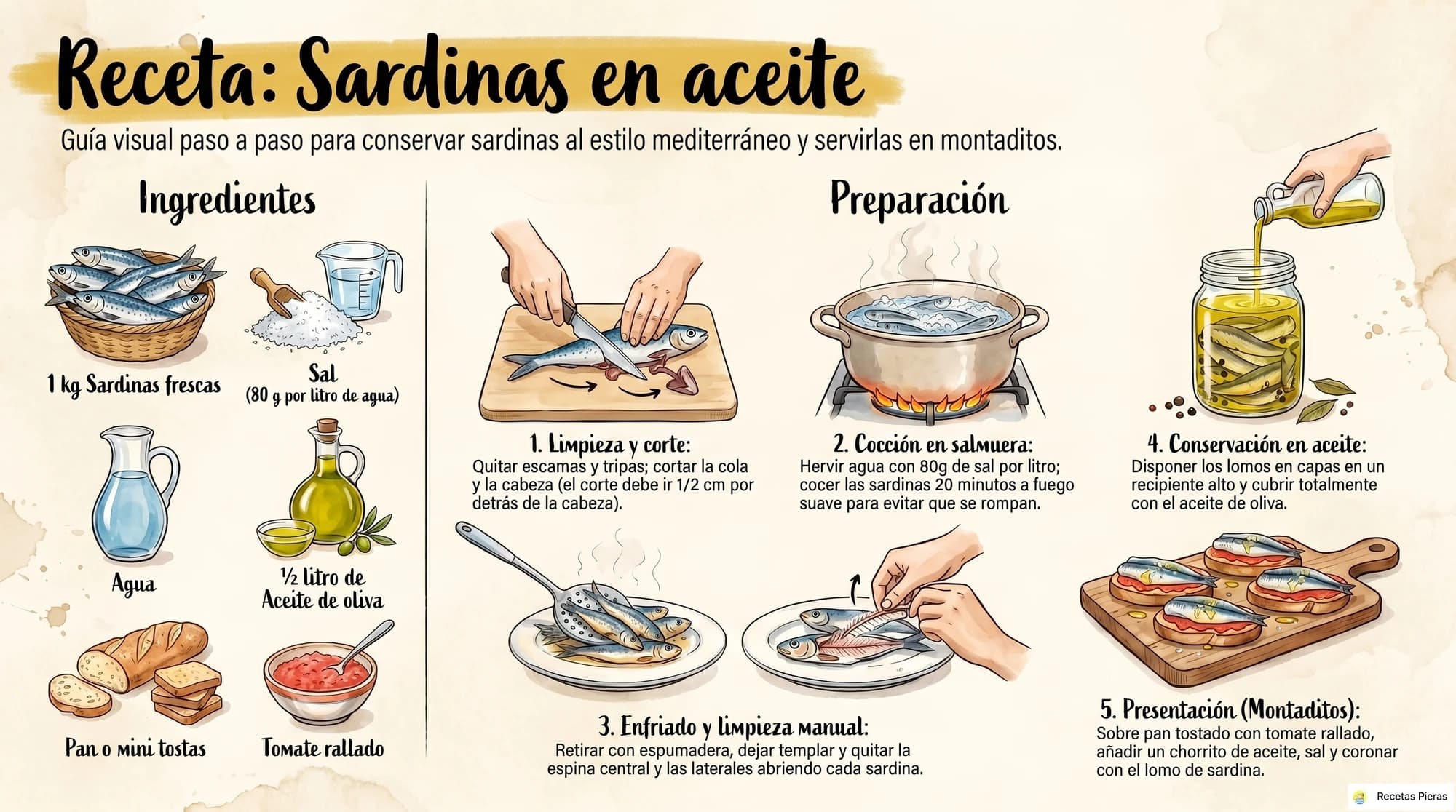 Infografía con los ingredientes y la preparación de Sardinas en aceite
