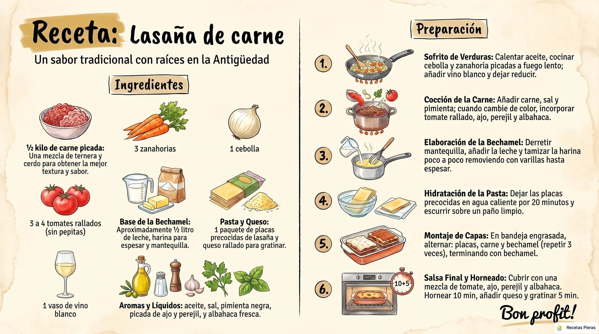 Infografía con los ingredientes y la preparación de Lasaña de carne