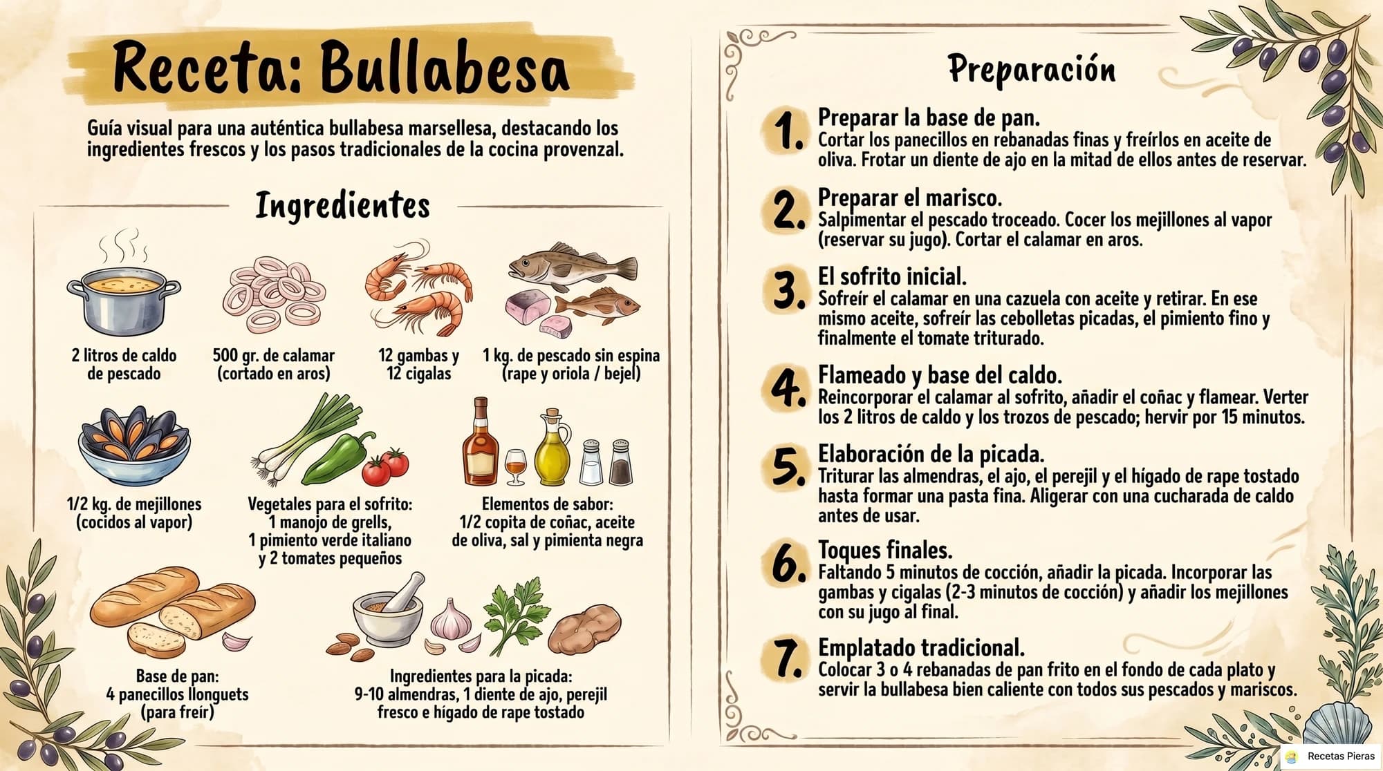Infografía con los ingredientes y la preparación de Bullabesa