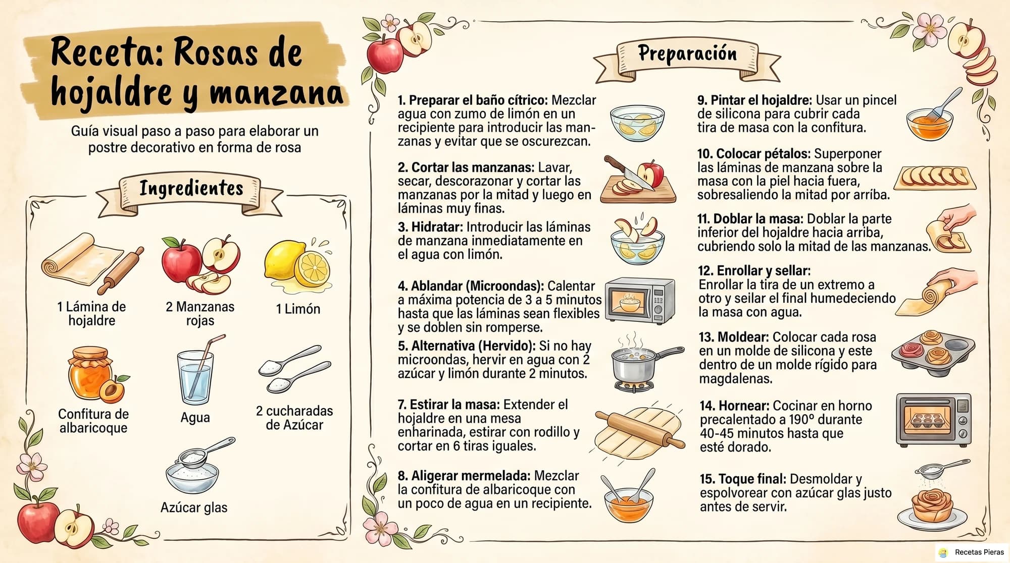 Infografía con los ingredientes y la preparación de Rosas de hojaldre y manzana