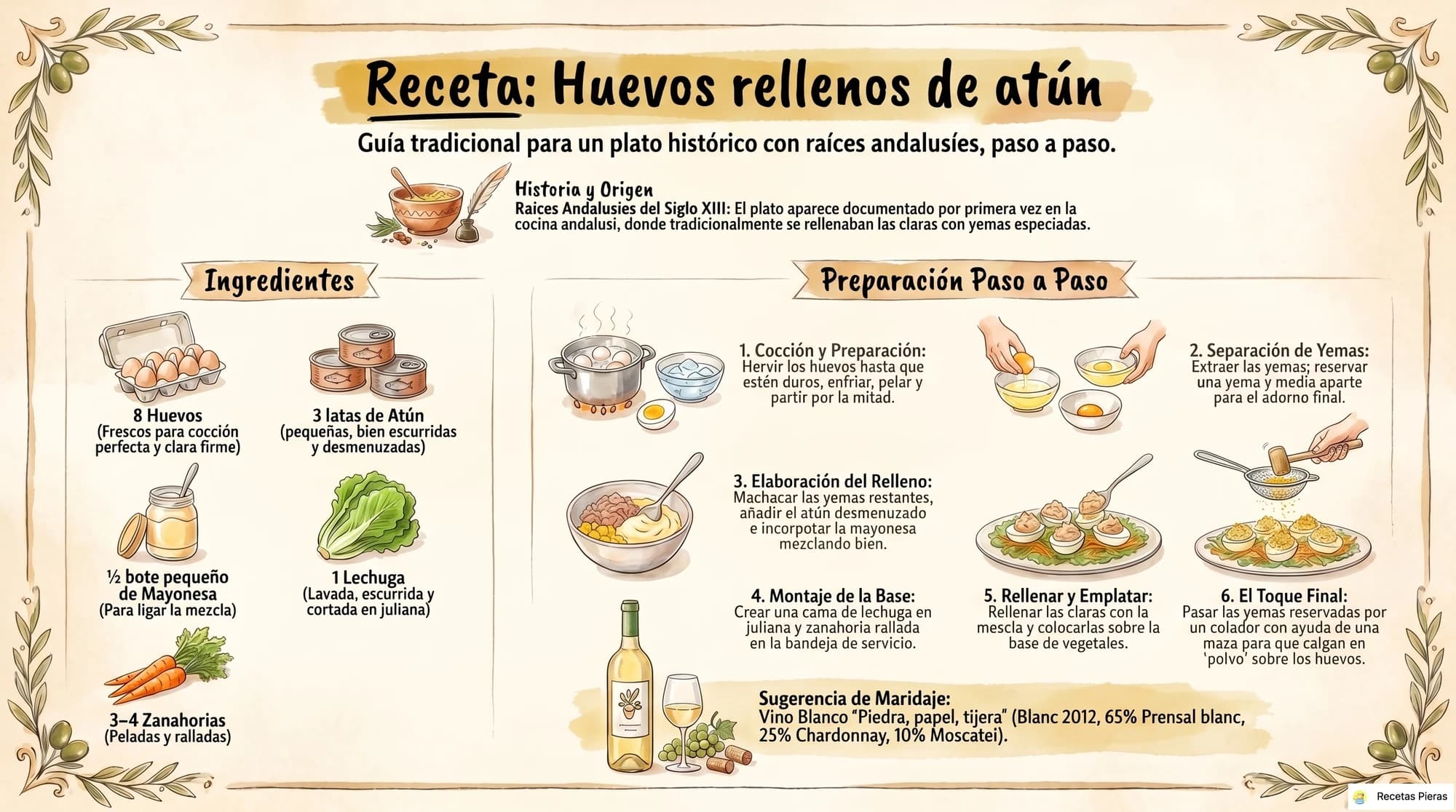 Infografía con los ingredientes y la preparación de Huevos rellenos de atún