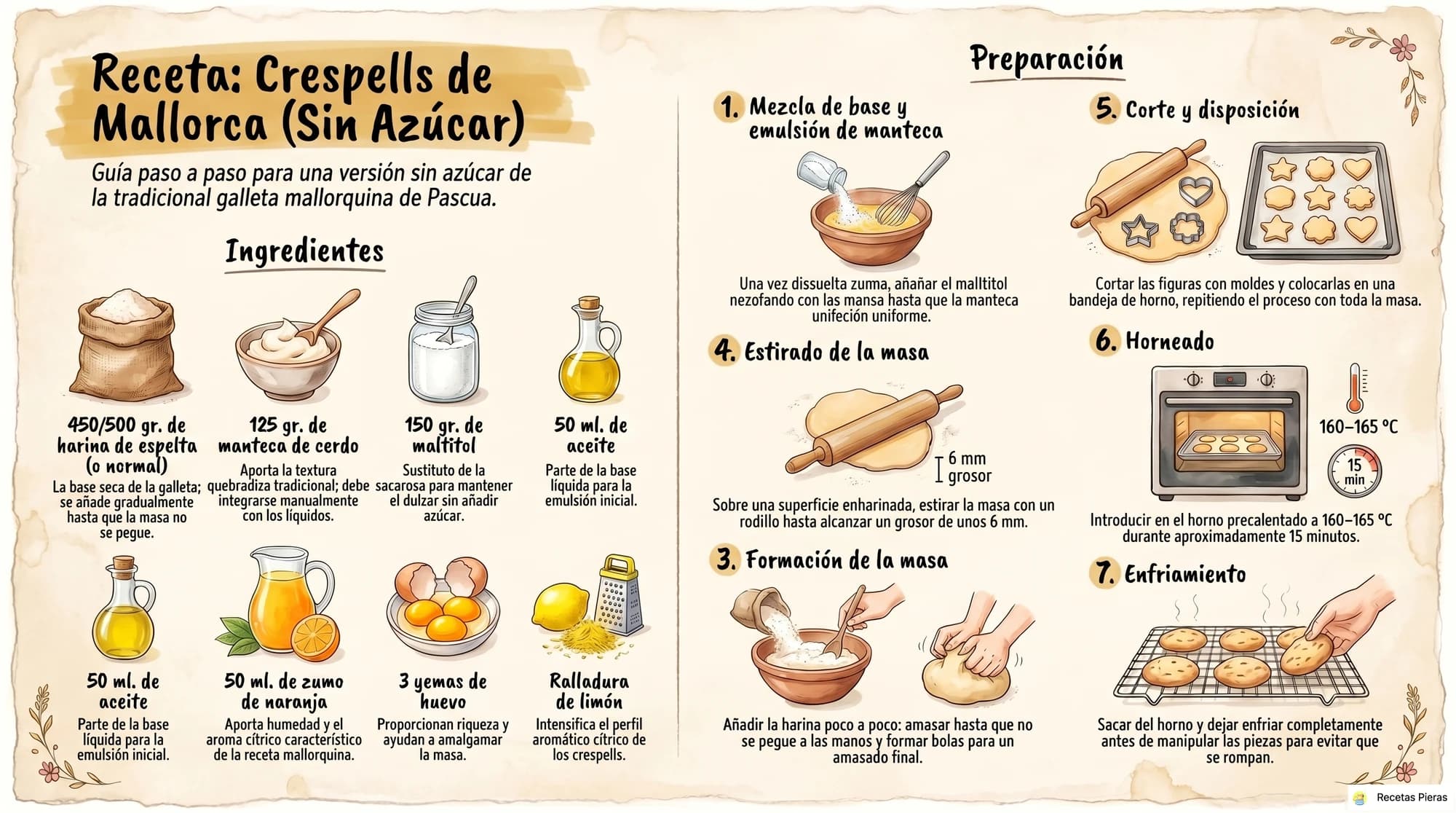 Infografía con los ingredientes y la preparación de Crespells sin azúcar