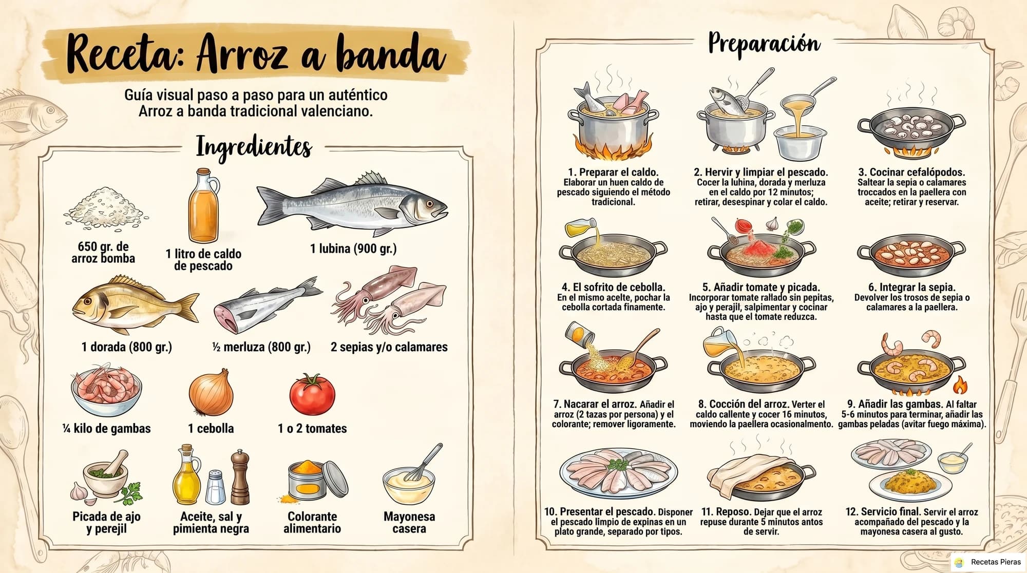 Infografía con los ingredientes y la preparación de Arroz a banda
