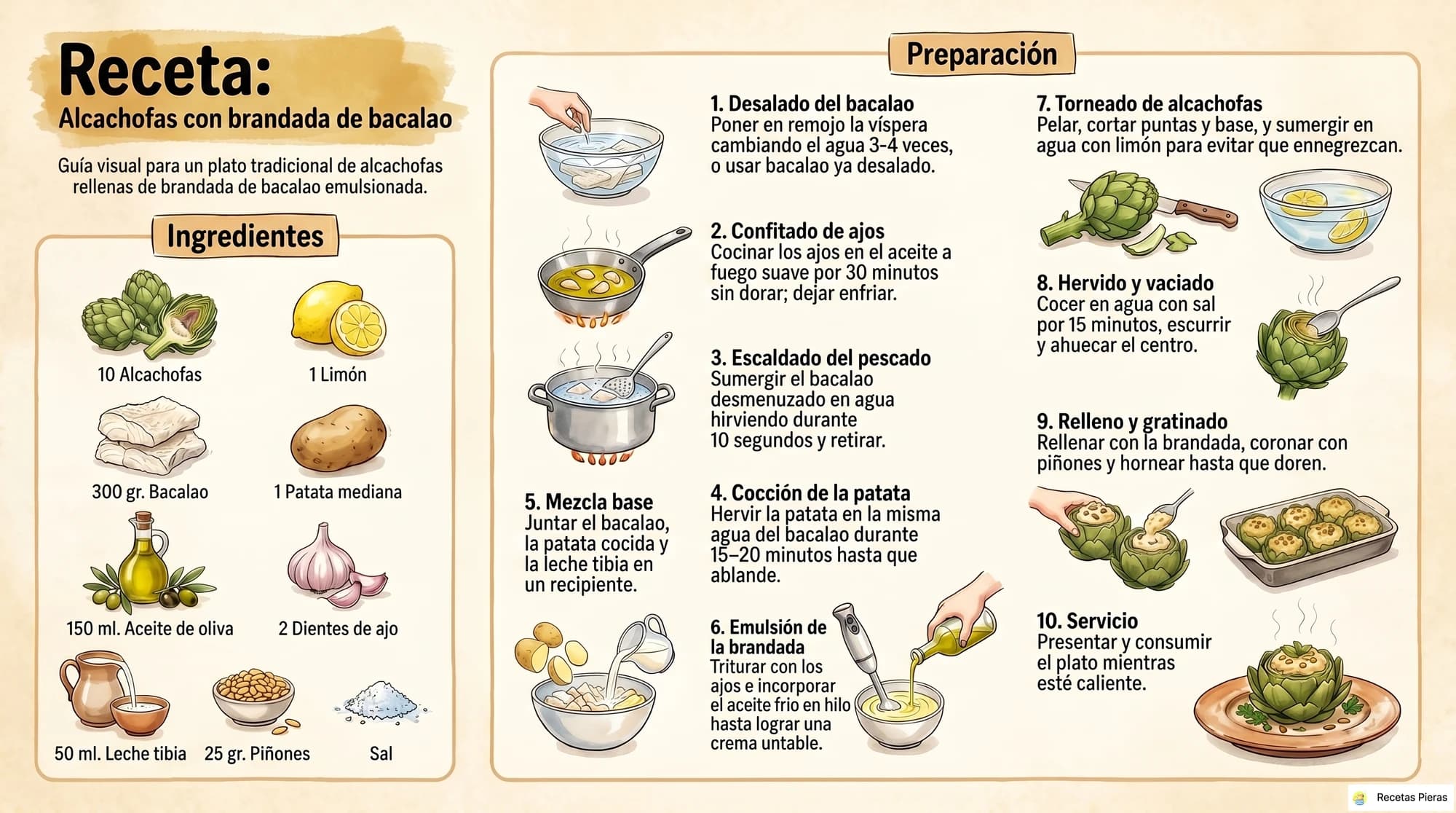 Infografía con los ingredientes y la preparación de Alcachofas con brandada de bacalao