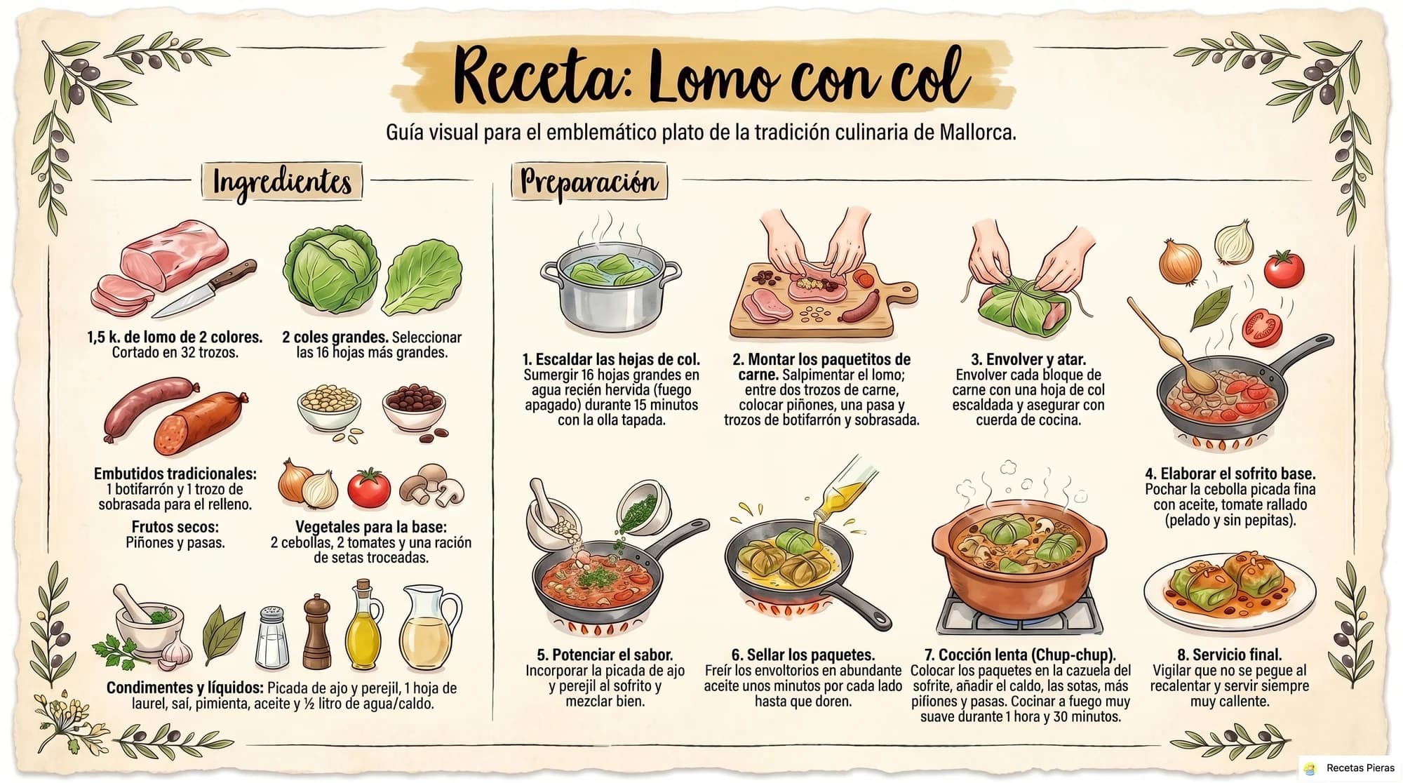 Infografía con los ingredientes y la preparación de Lomo con col