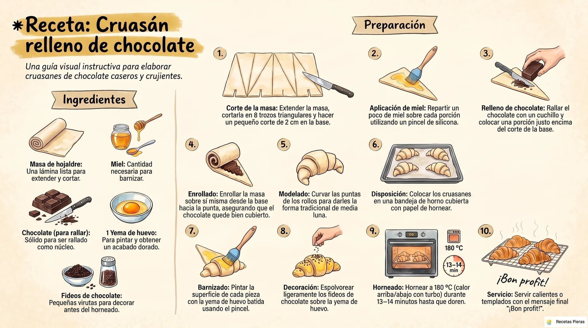 Infografía con los ingredientes y la preparación de Cruasán relleno de chocolate