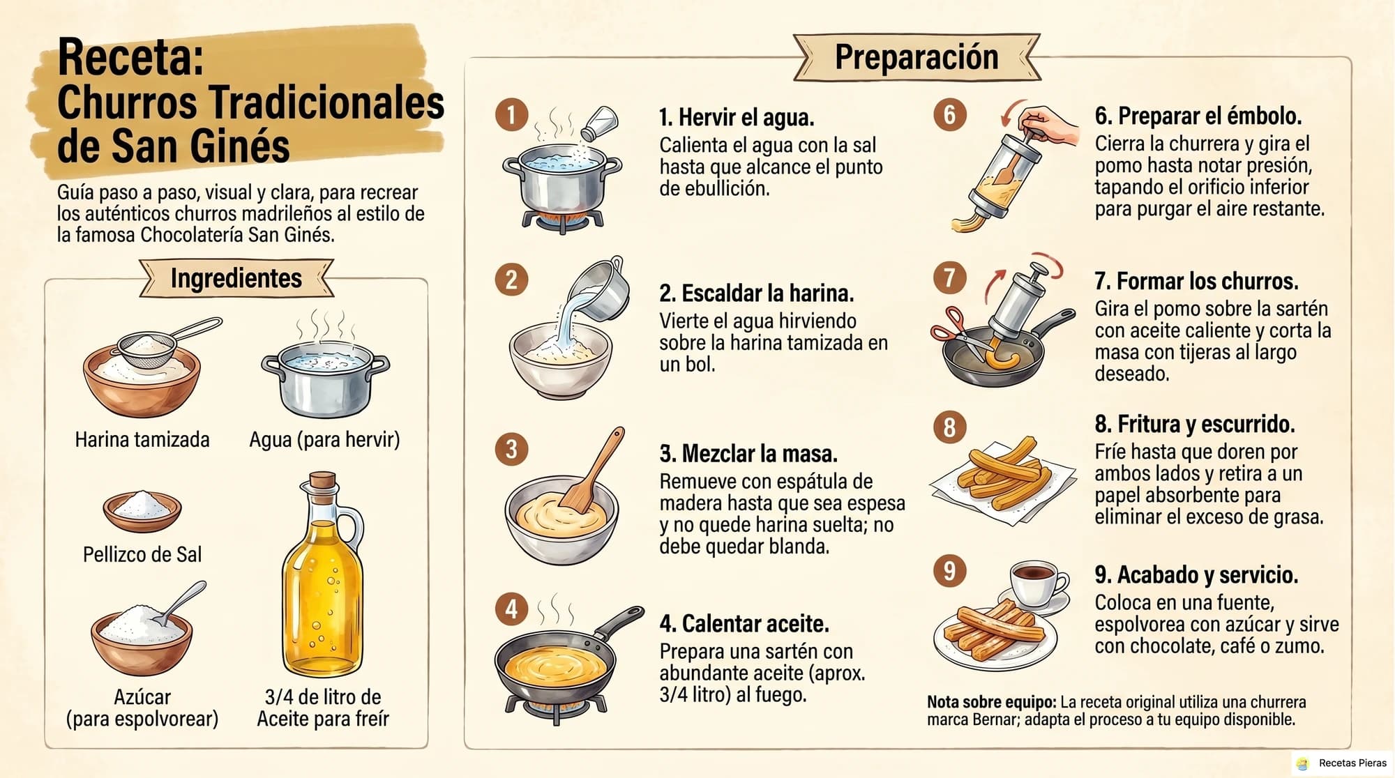 Infografía con los ingredientes y la preparación de Churros