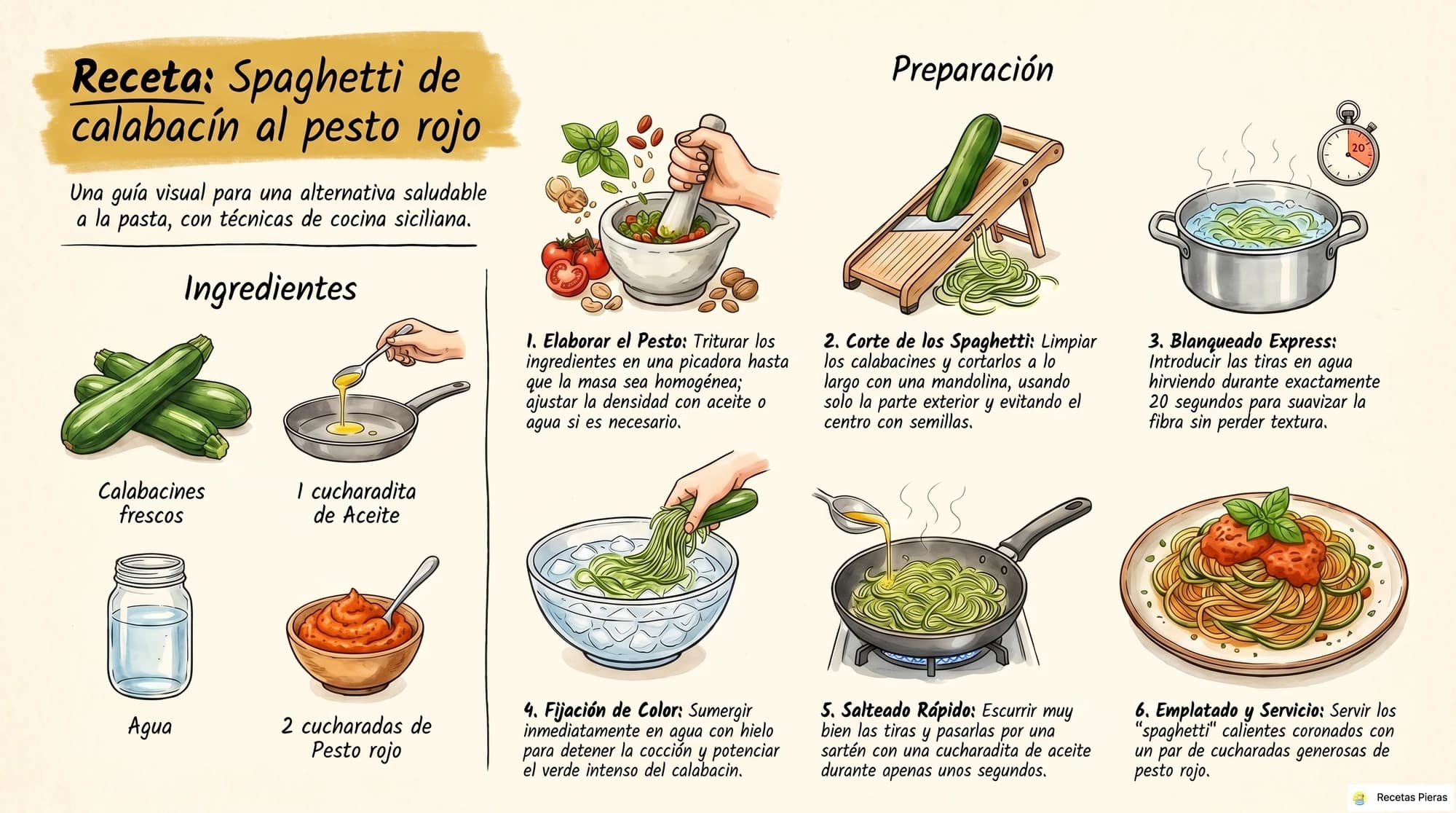 Infografía con los ingredientes y la preparación de Spaghetti de calabacín al pesto rojo
