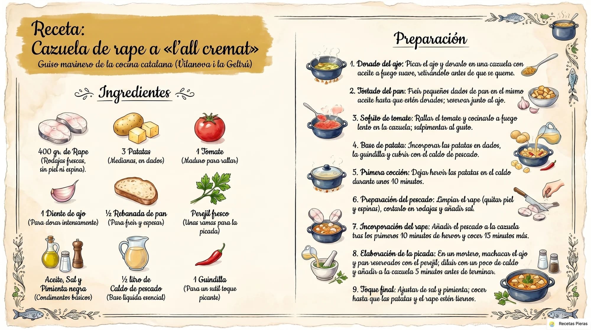 Infografía con los ingredientes y la preparación de Cazuela de rape a «l’all cremat»