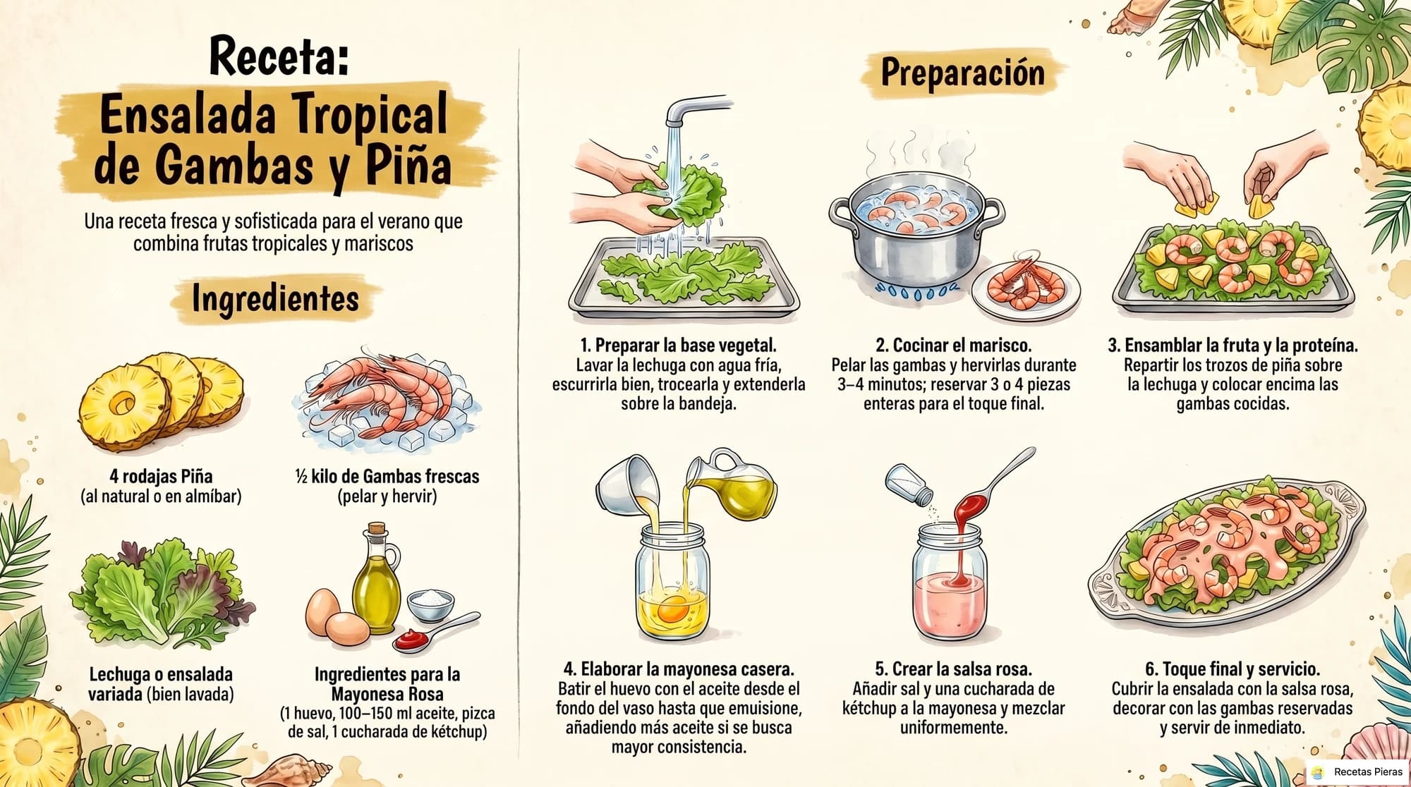 Infografía con los ingredientes y la preparación de Ensalada de gambas y piña