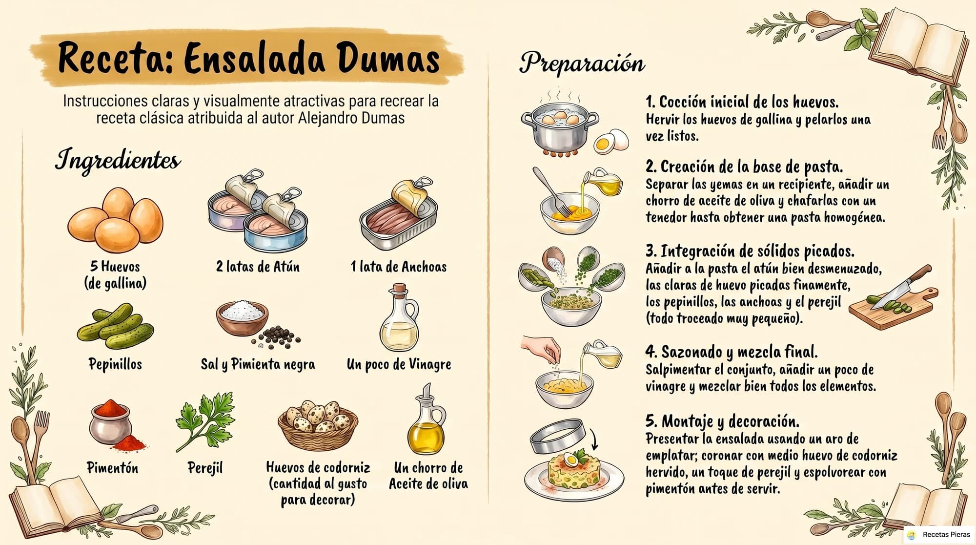 Infografía con los ingredientes y la preparación de Ensalada dumas