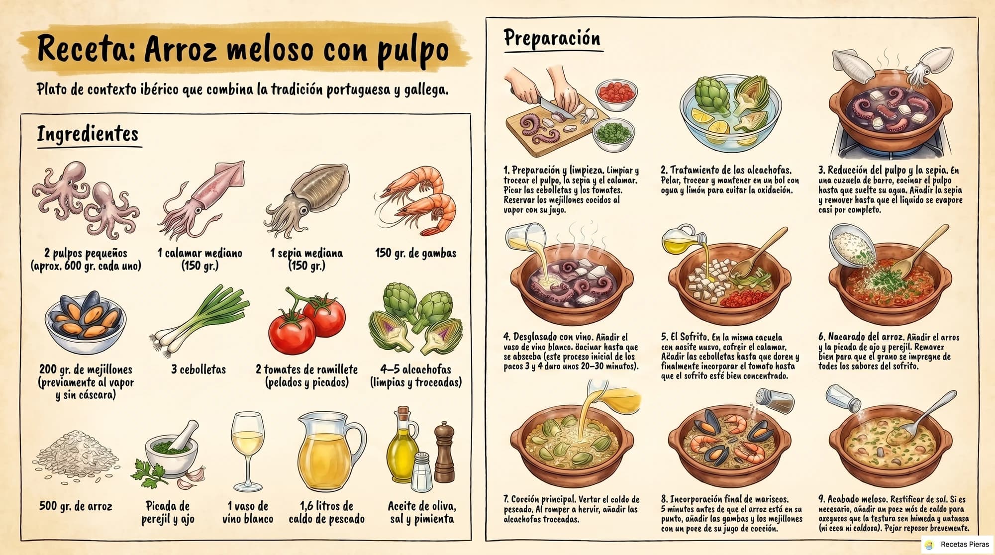 Infografía con los ingredientes y la preparación de Arroz meloso con pulpo